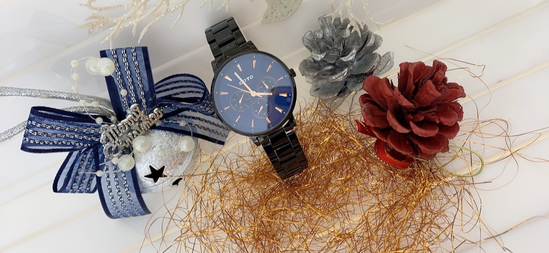 【GOTO】懷舊十字窗花系列三眼腕錶/藍面黑鋼帶 GS1099B-33-L41 35mm 現代鐘錶