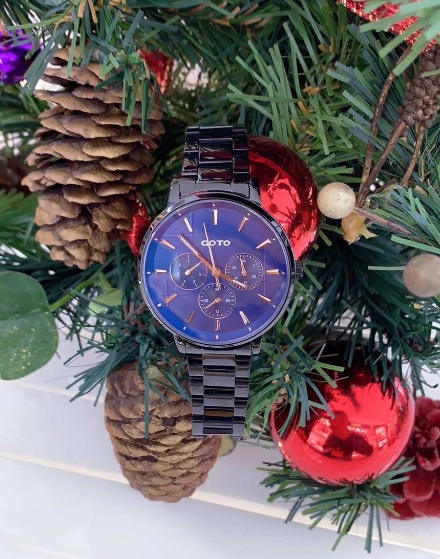 【GOTO】懷舊十字窗花系列三眼腕錶/藍面黑鋼帶 GS1099B-33-L41 35mm 現代鐘錶