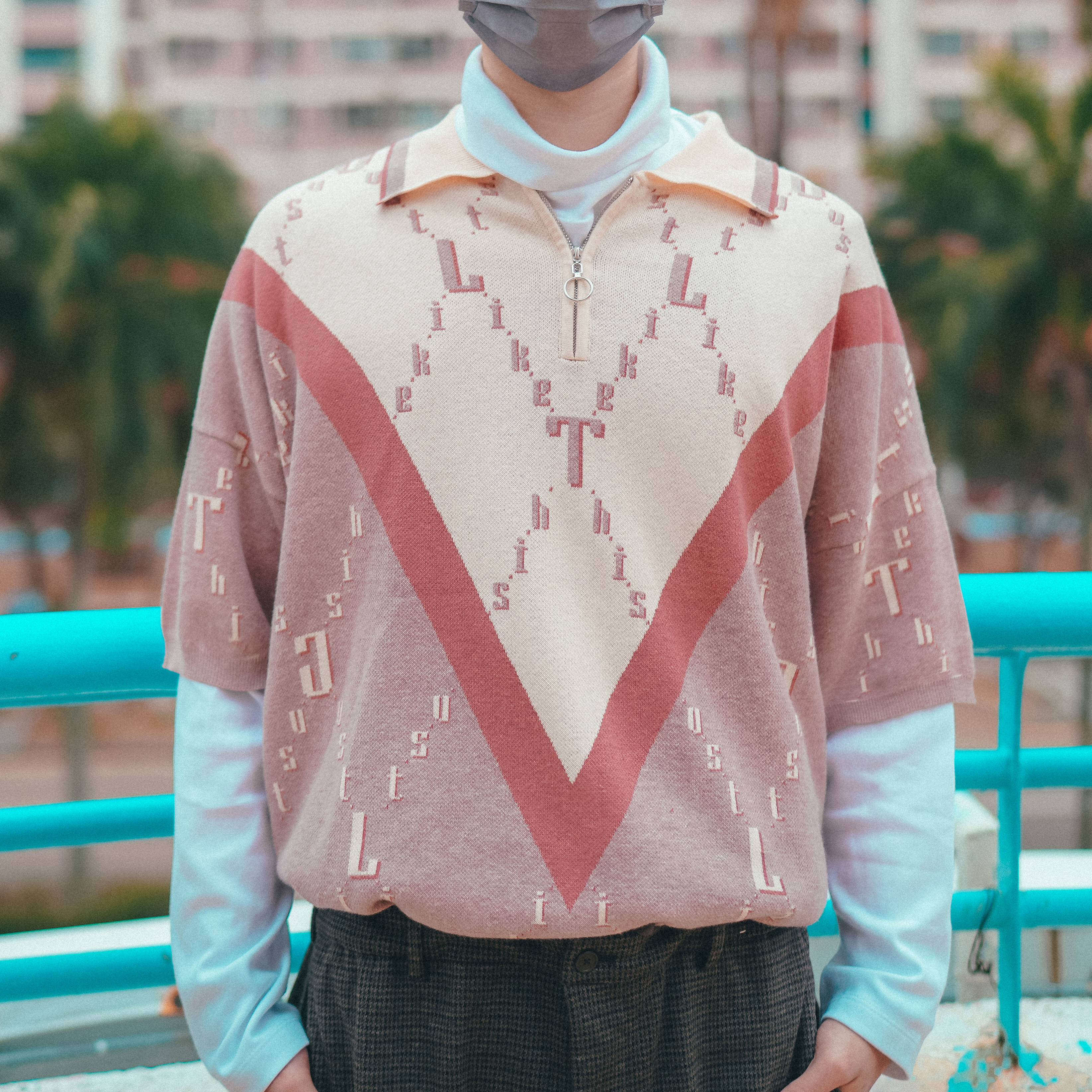 【Just Home】拉鍊馬球領針織短袖上衣 - 復古粉紅