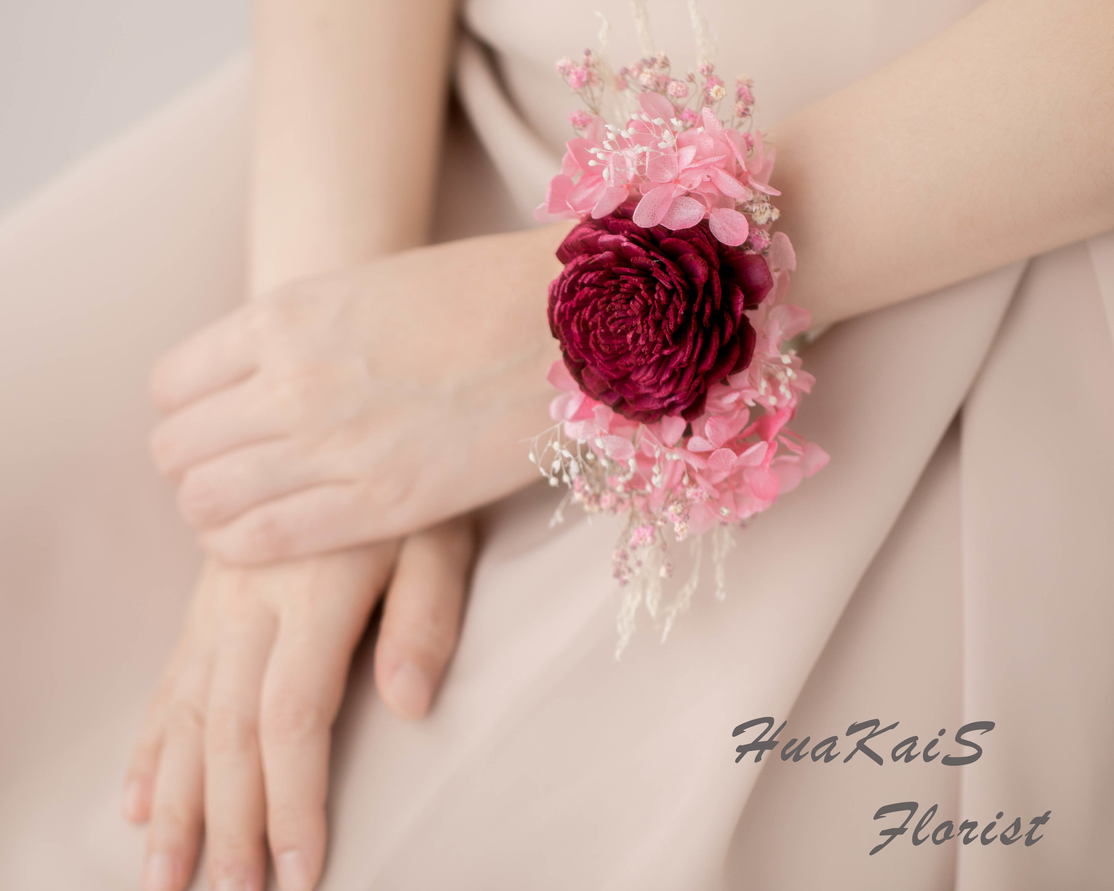 新娘手腕花|乾燥手腕花|酒紅色|活動手腕花|婚禮周邊
