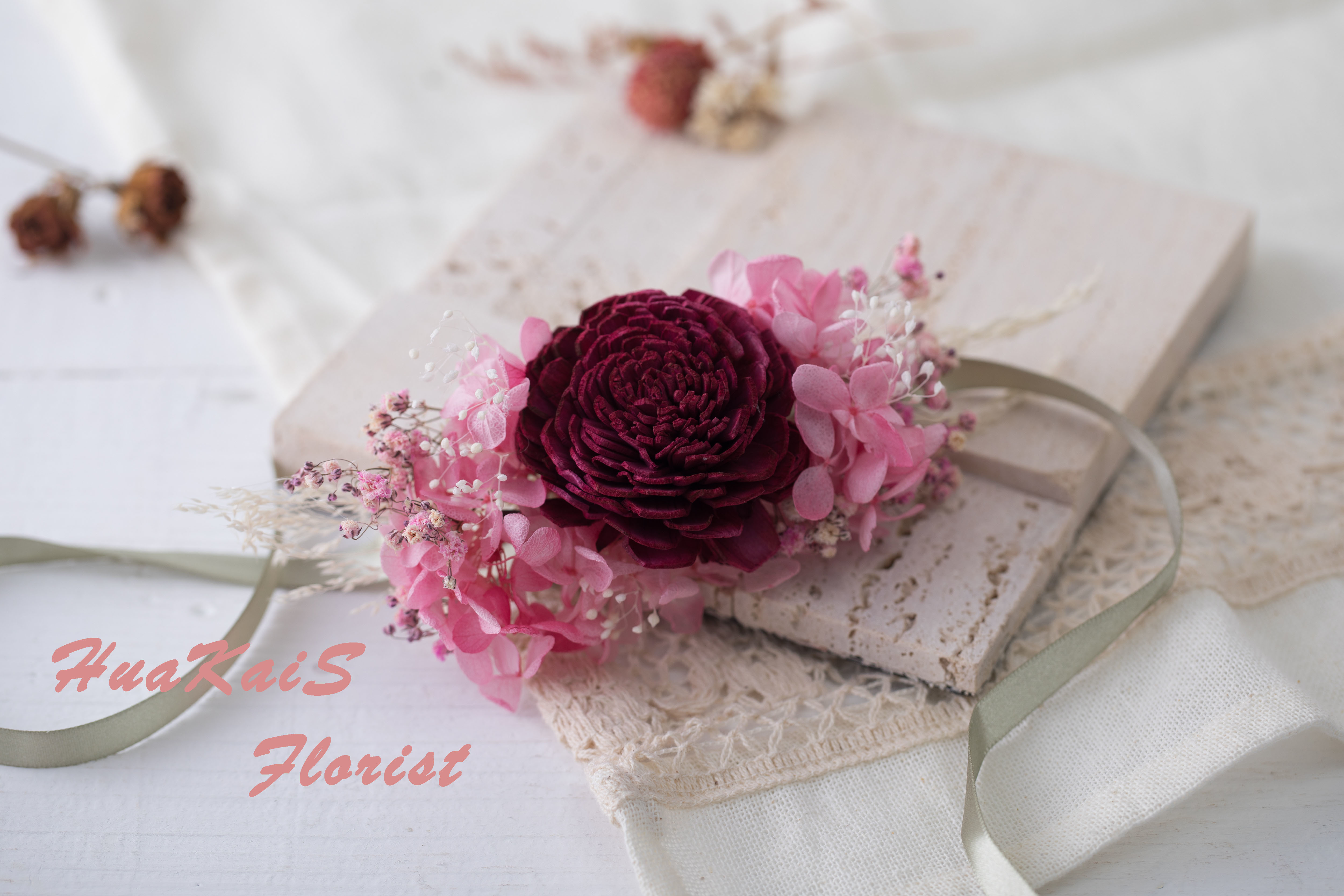 新娘手腕花|乾燥手腕花|酒紅色|活動手腕花|婚禮周邊