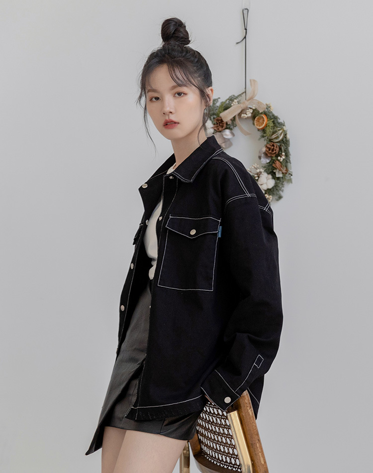 INN OUT刷破寬鬆牛仔外套 (黑)