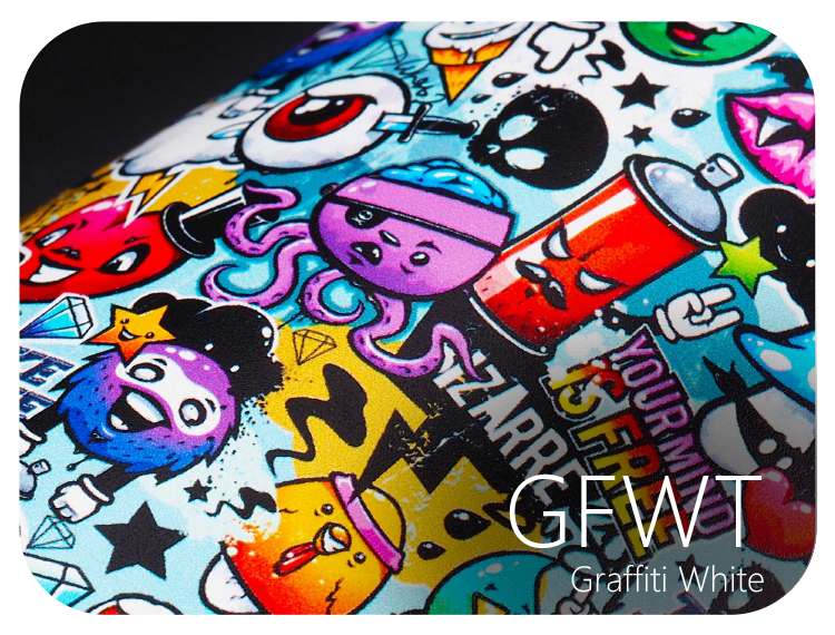 LIFE+GUARD GFWT Graffiti White LIFE+GUARD WABU Wave Blue vinyl skin sample for 3C protective wraps