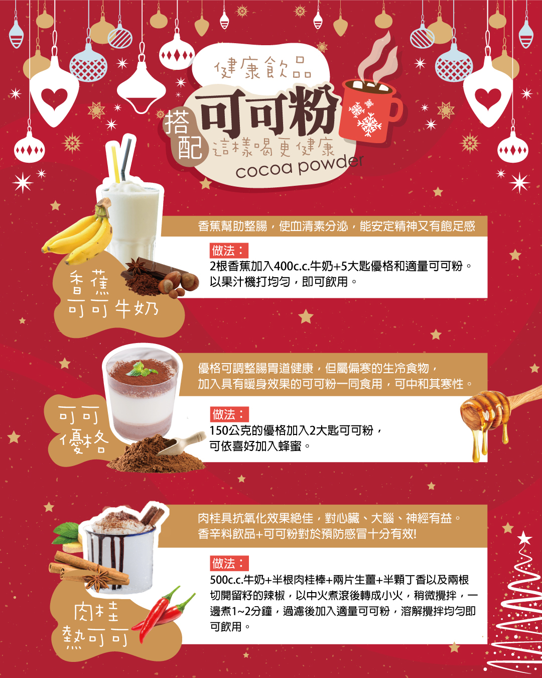 告訴你可可飲品怎麼搭配好喝又健康，可搭配香蕉，因為香蕉可以幫助整腸，使血清素分泌，能安定神經又有飽足感，也能做成可可優格，優格可調整腸胃健康，也能做成肉桂熱可可，肉桂有抗氧化效果，對心臟、大腦、神經有益。