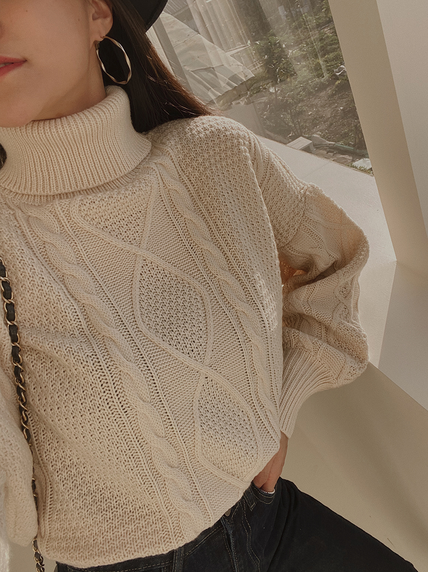 麻花高領針織蓬袖T*3色