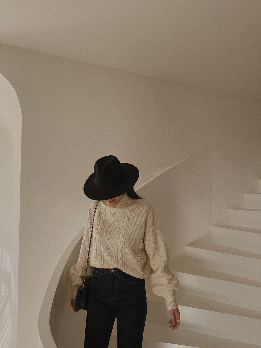 麻花高領針織蓬袖T*3色