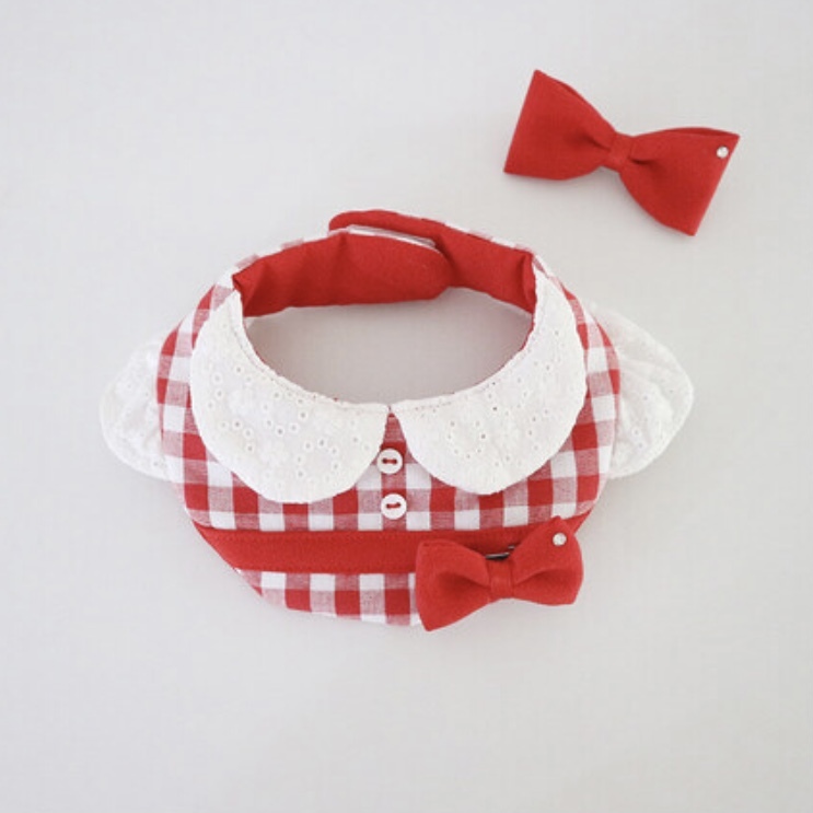 bowbow手作寵物領巾-紅格紋蕾絲-小鳥袖-四季適用