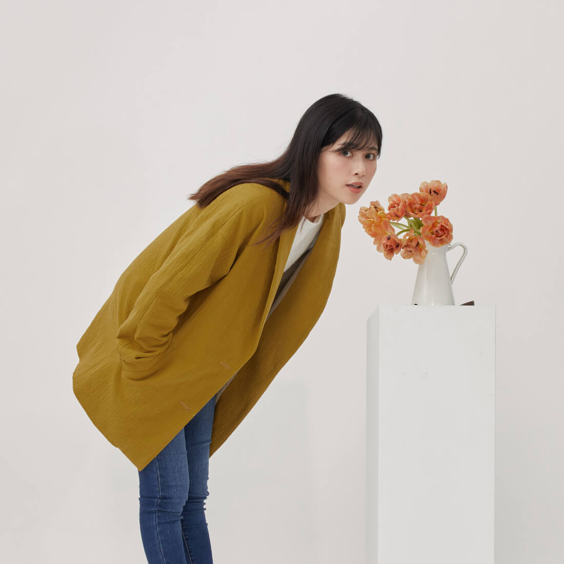 Carol絲瓜領雙釦長版外套/芥黃