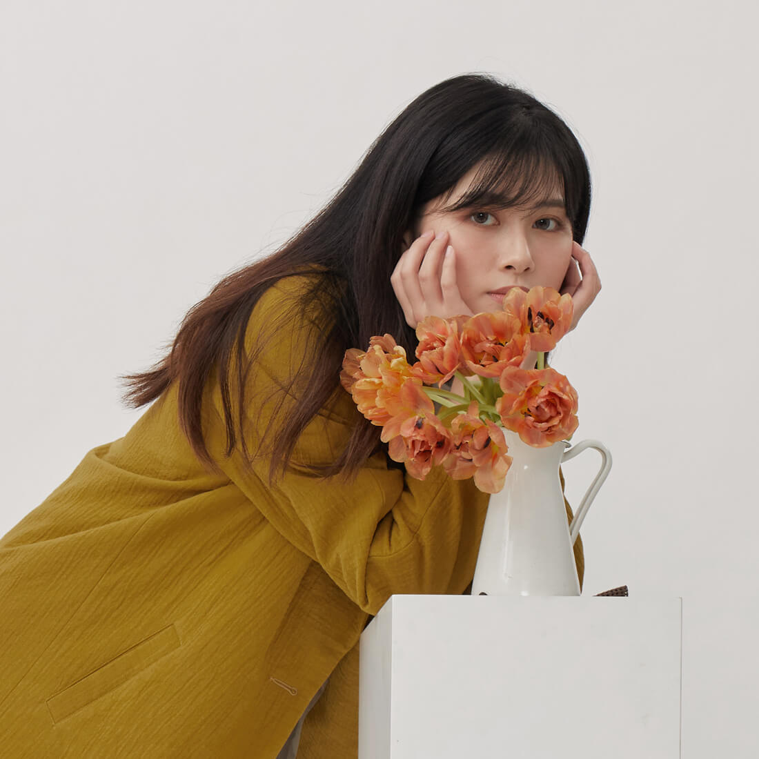 Carol絲瓜領雙釦長版外套/芥黃