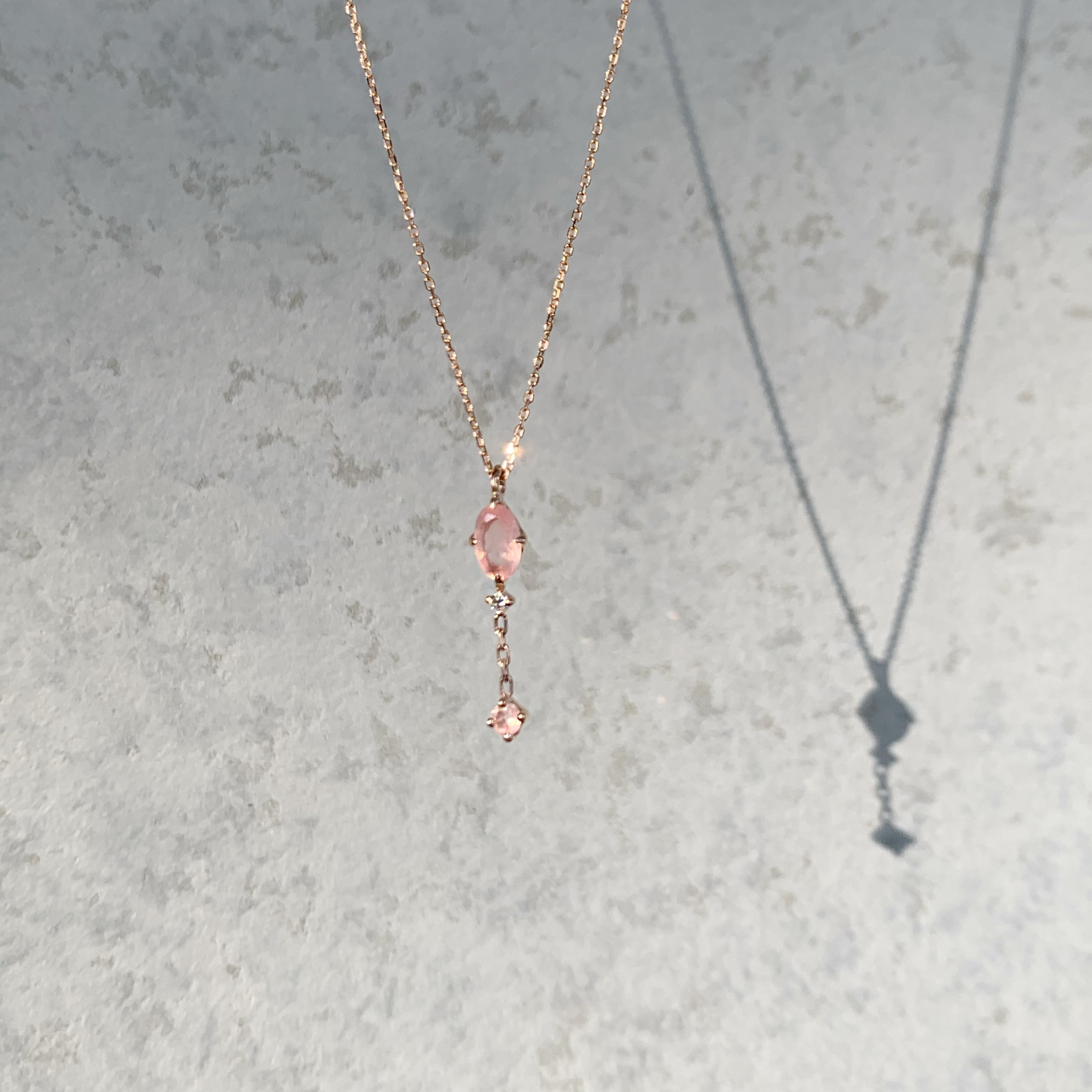 14K四爪橢圓粉晶真鑽小Y字項鍊