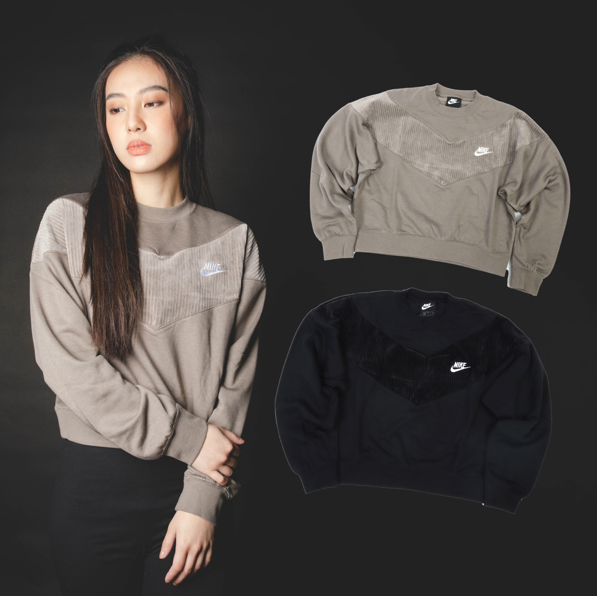 *特價商品售出不退換*女款 NIKE NSW CREW 黑色 可可灰 燈芯絨 刺繡 寬短版 大學T 衛衣【CZ1877-010】NIKECorduroy