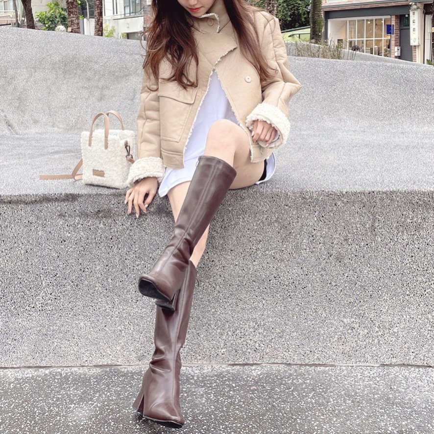 皮革拼接羊羔毛外套/二色