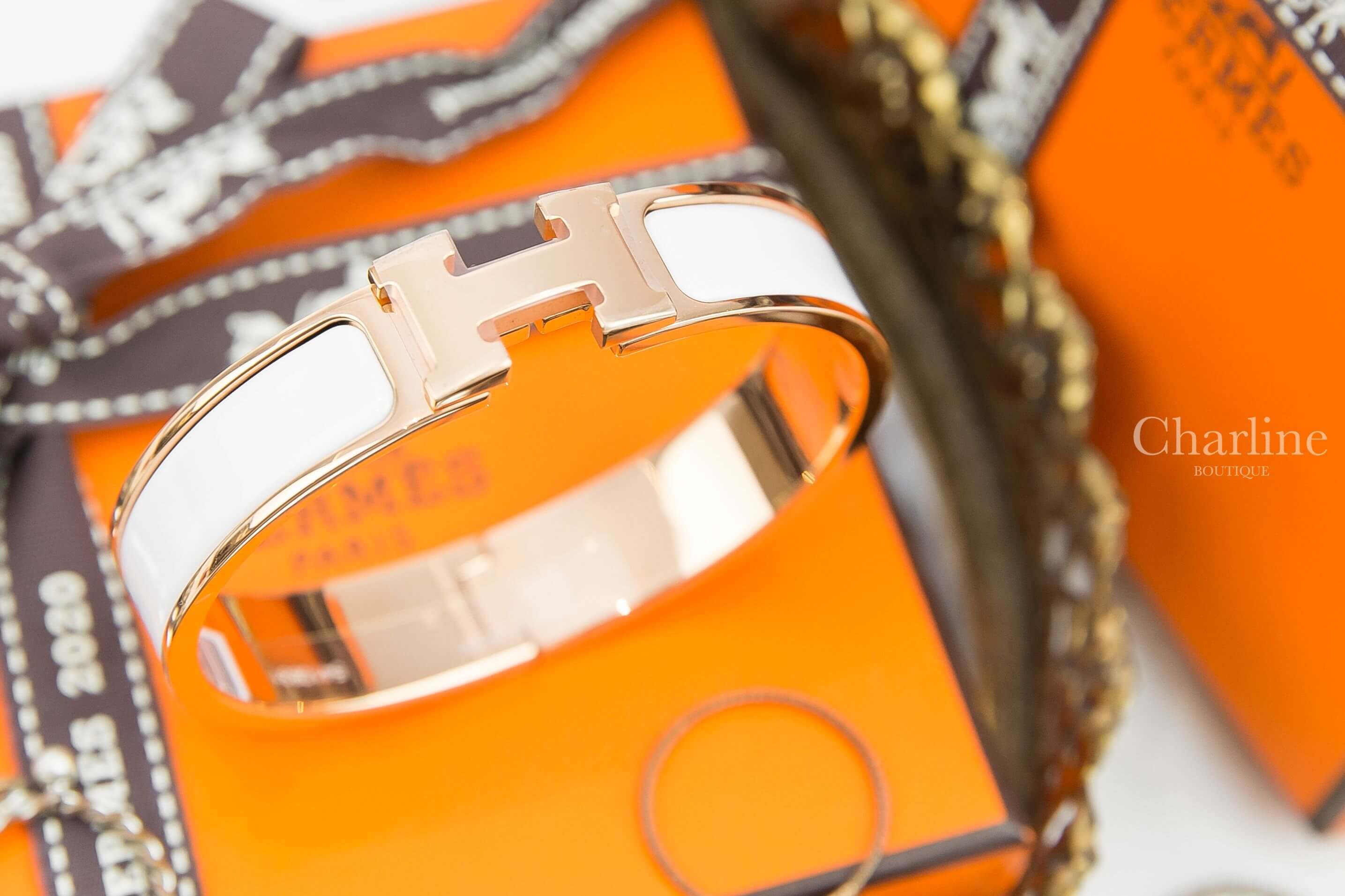 Hermès Clic H Bracelet 白色珐瑯鍍玫瑰金釦細版手環