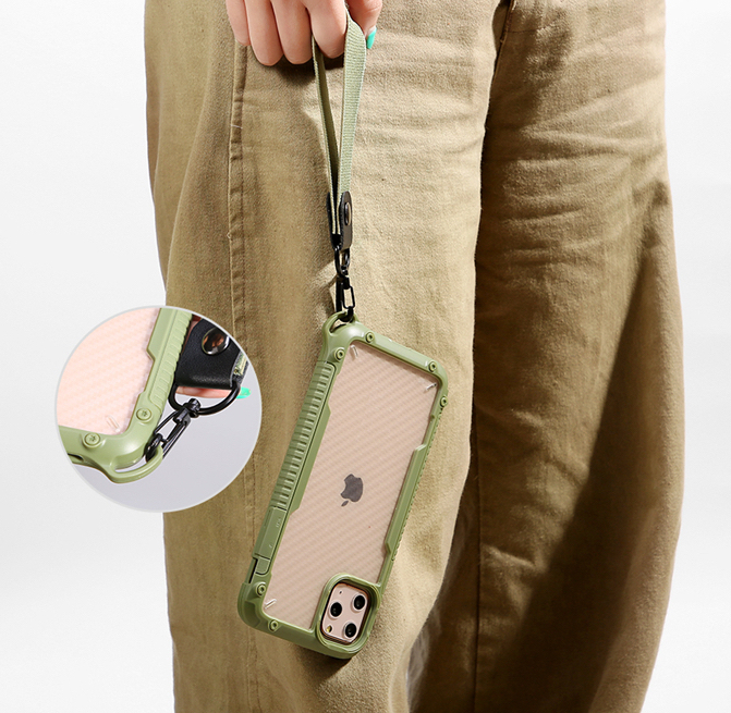 iPhone二合一碳纖紋掛繩防摔殼 【TPU+PC軍規防摔雙材質】附贈同色掛繩