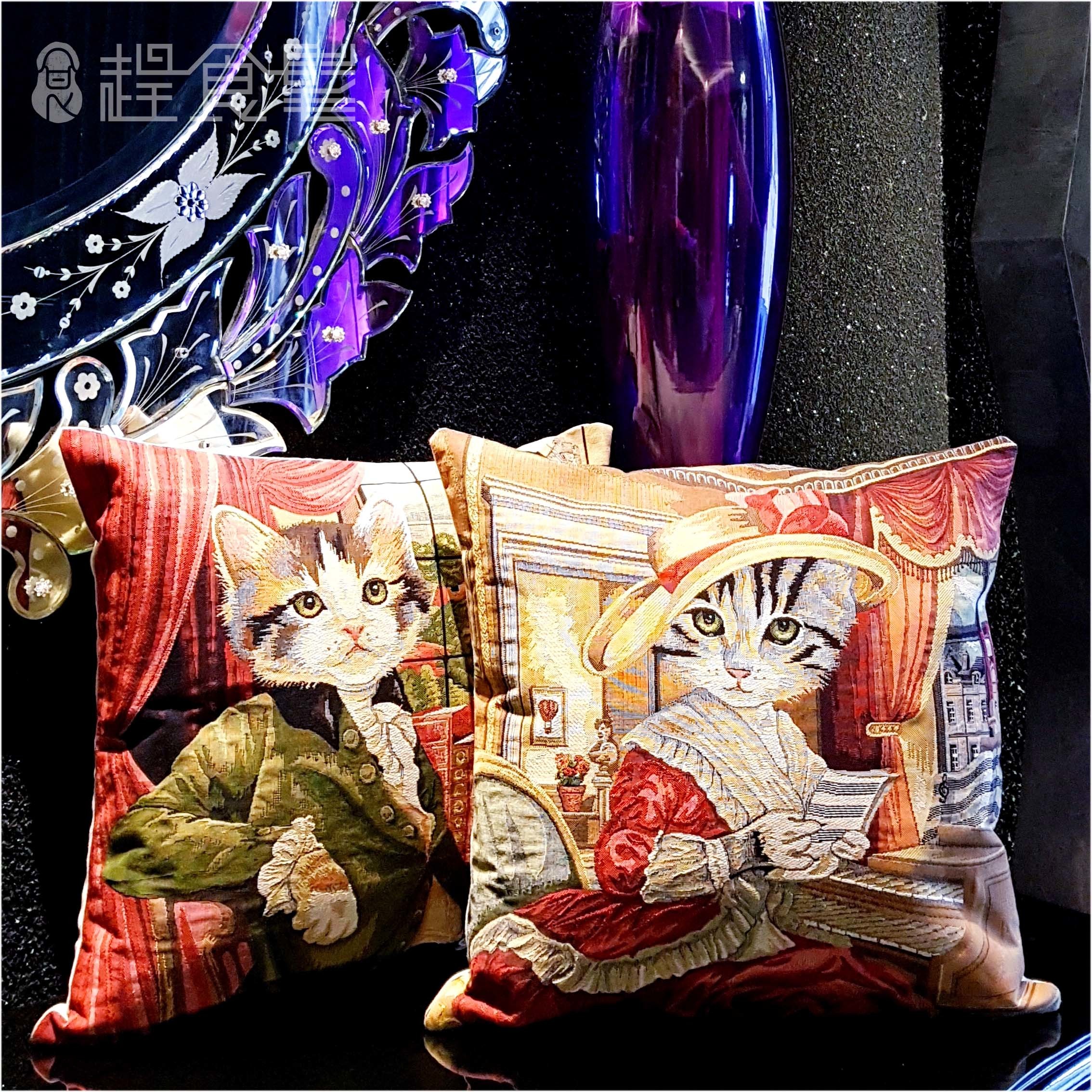【全球獨家限量】 歐洲百年工藝緹花抱枕 | 貴族風可愛貓咪 居家療癒好物
