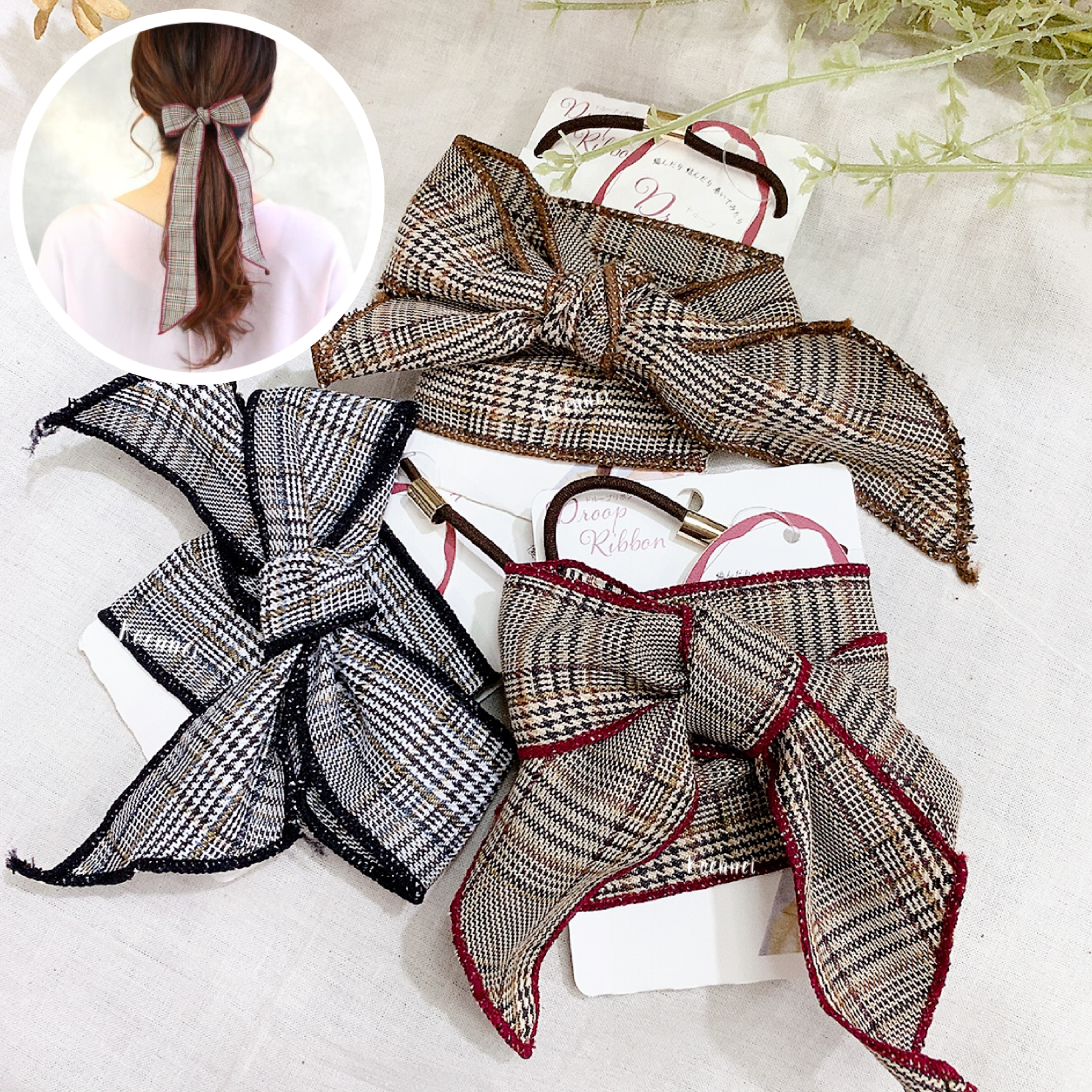 [日本制] 格仔蝴蝶結髮圈帶