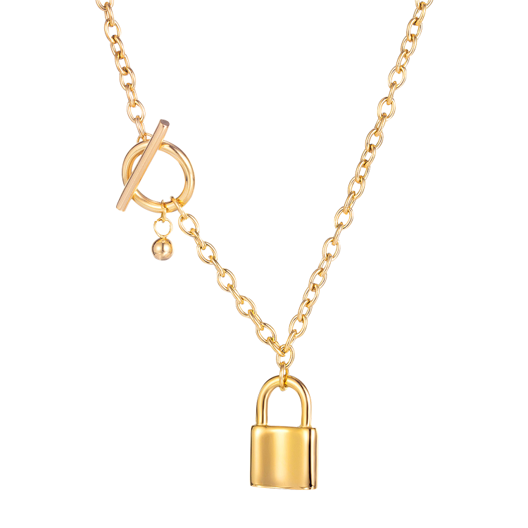 白鋼項鍊，女士項鍊 鎖頭造型；T型扣設計 鎖住愛情的美好寓意（1545金色）