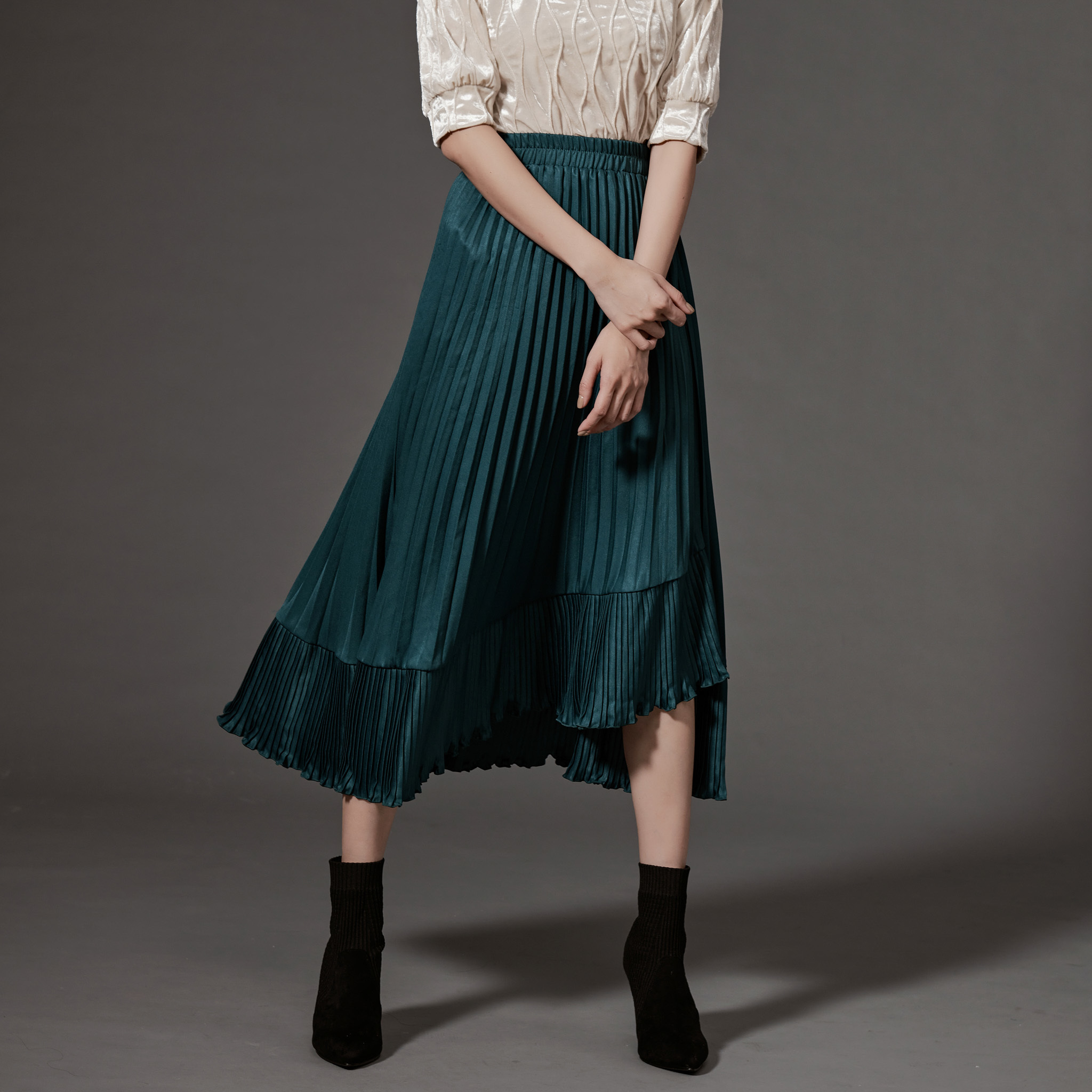 Top3 切接不規則荷葉壓褶百褶裙 - 2色