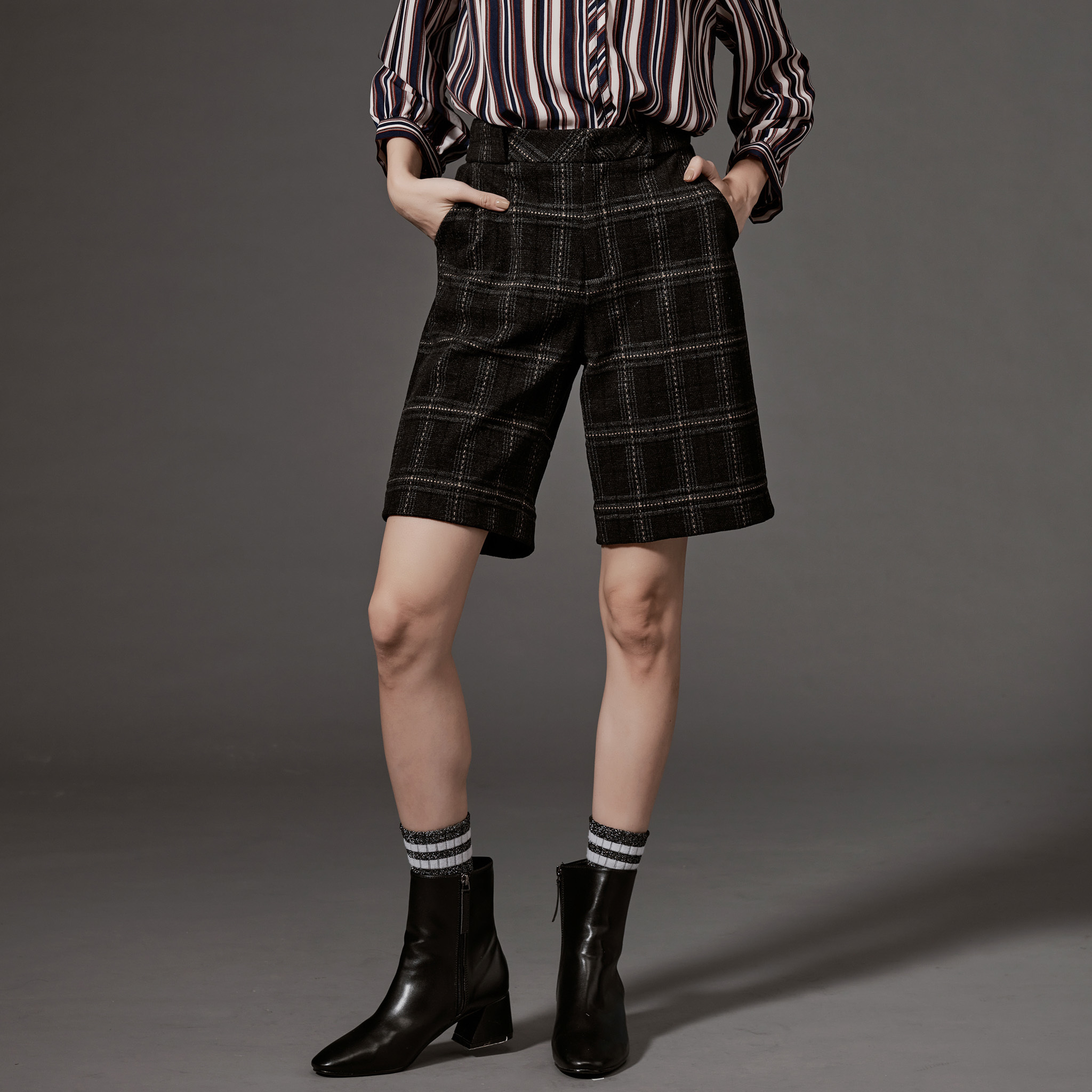 Top5 格紋毛料復古及膝短褲