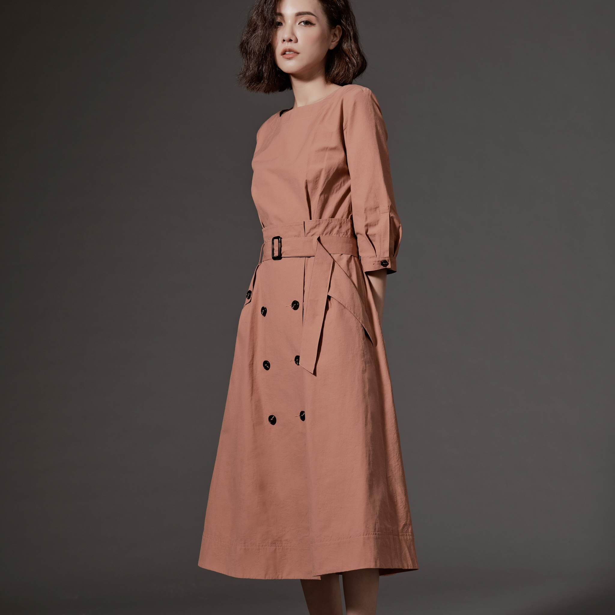 其他暢銷商品 - 雙排釦腰帶風衣感純棉洋裝
