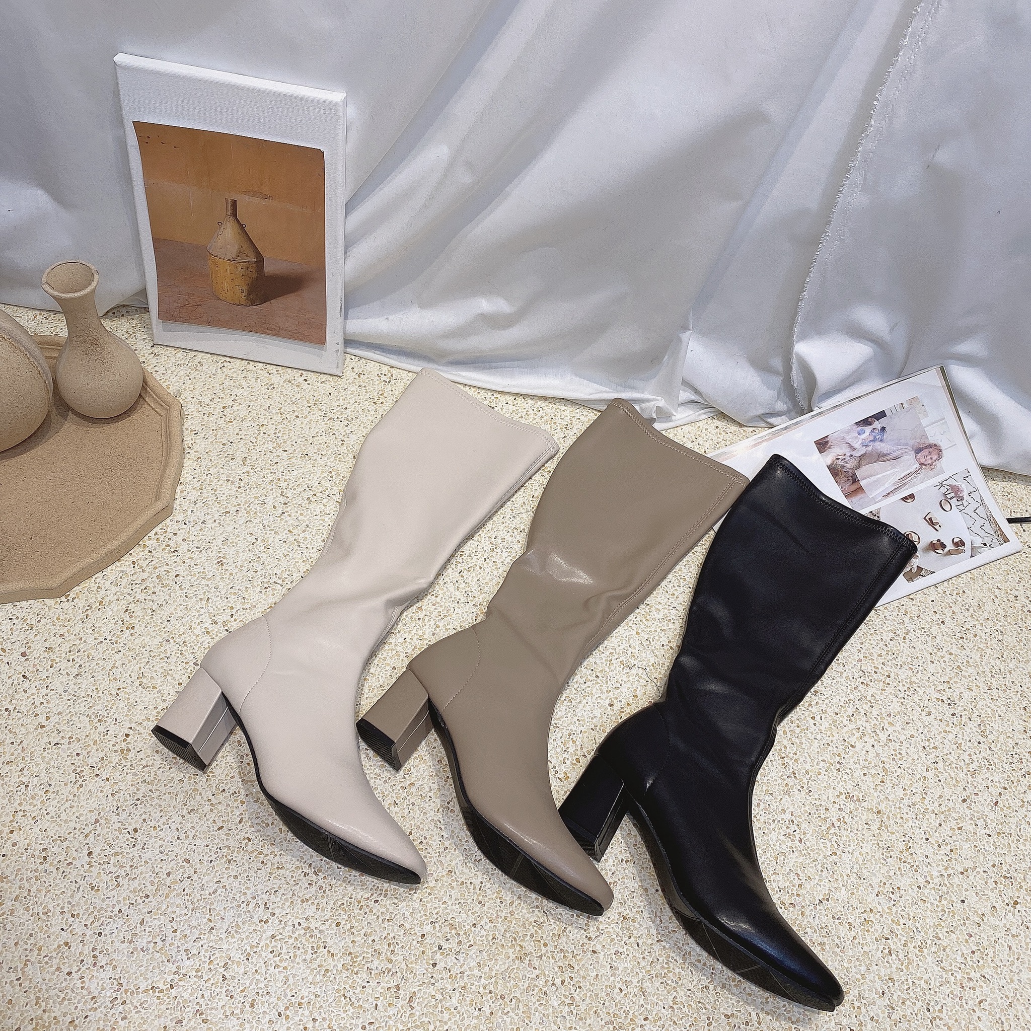 韓系尖頭膝下長靴/三色