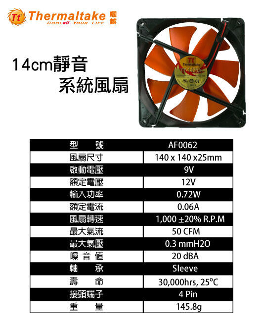 米特3C數位–TT 曜越 14cm 黑色1000rpm 黑框橘葉 風扇/AF0062