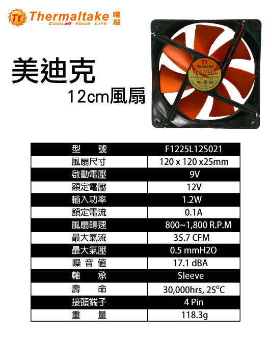 米特3C數位–TT 曜越 12CM 4PIN 1000rpm 黑框橘葉 風扇/F1225L12S021