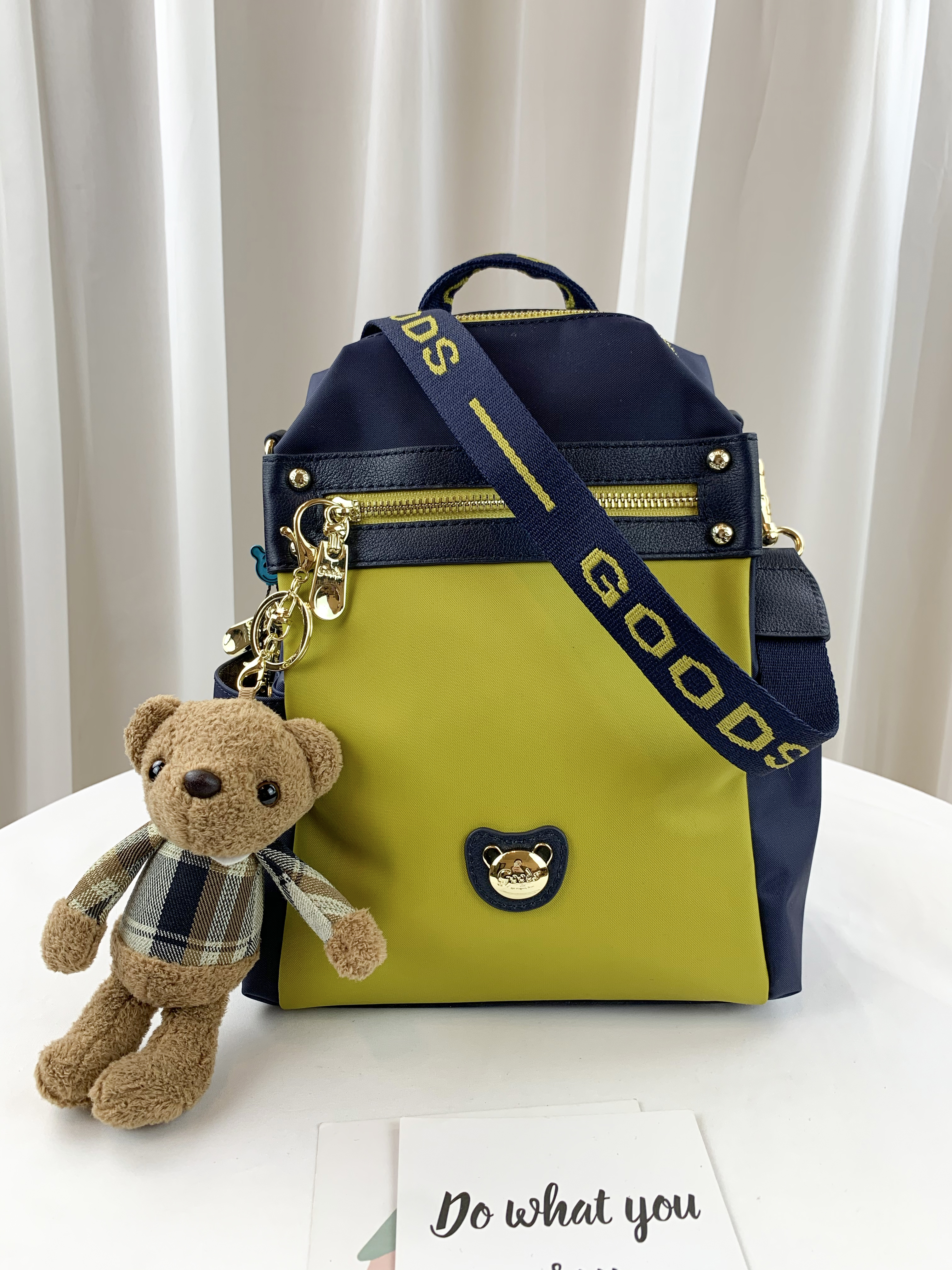 GOODS 織帶芥末黃藍 尼龍防潑水後背包 / 側背包 附小熊吊飾 #2653