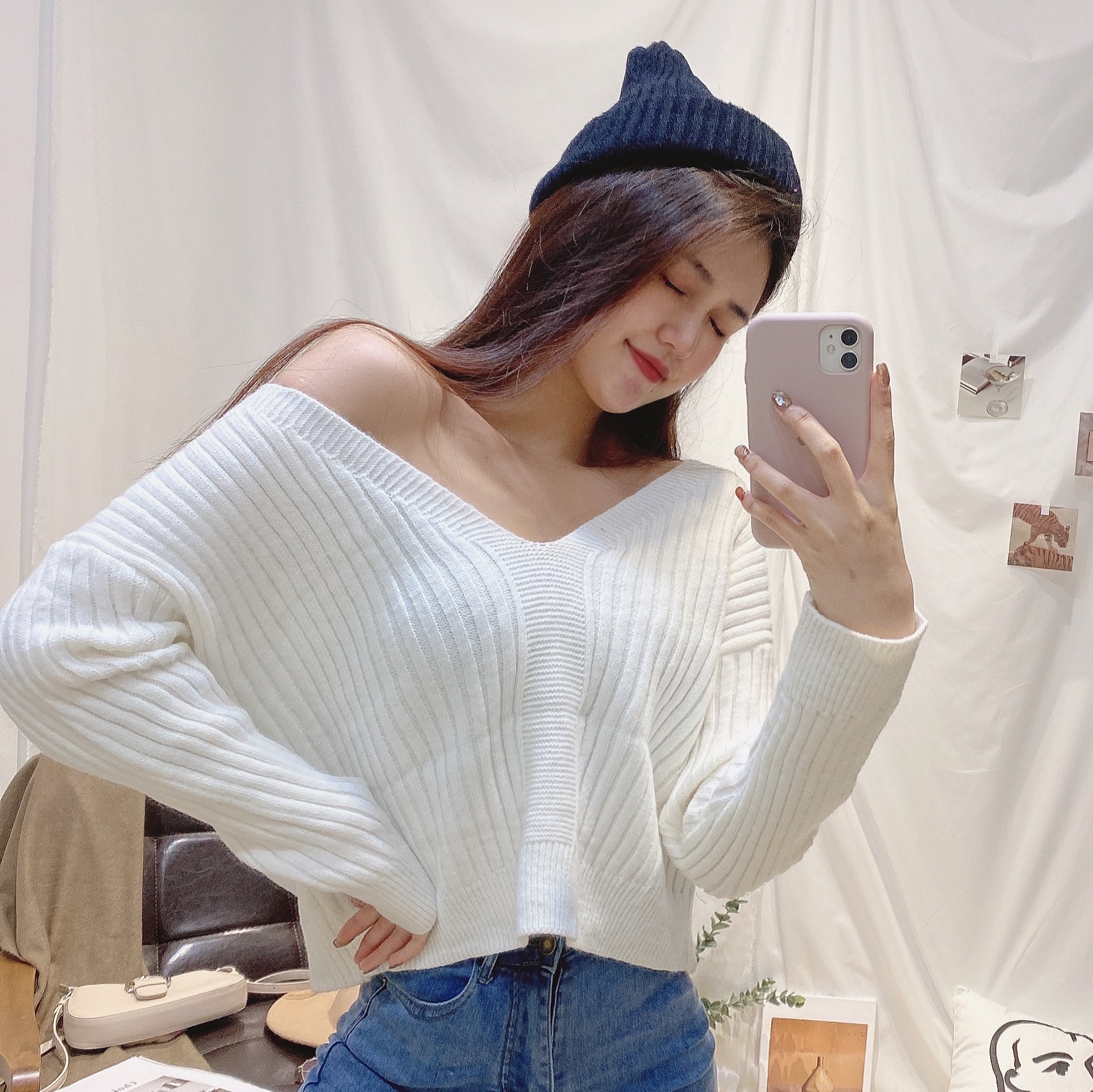 後美背V領針織毛衣/三色