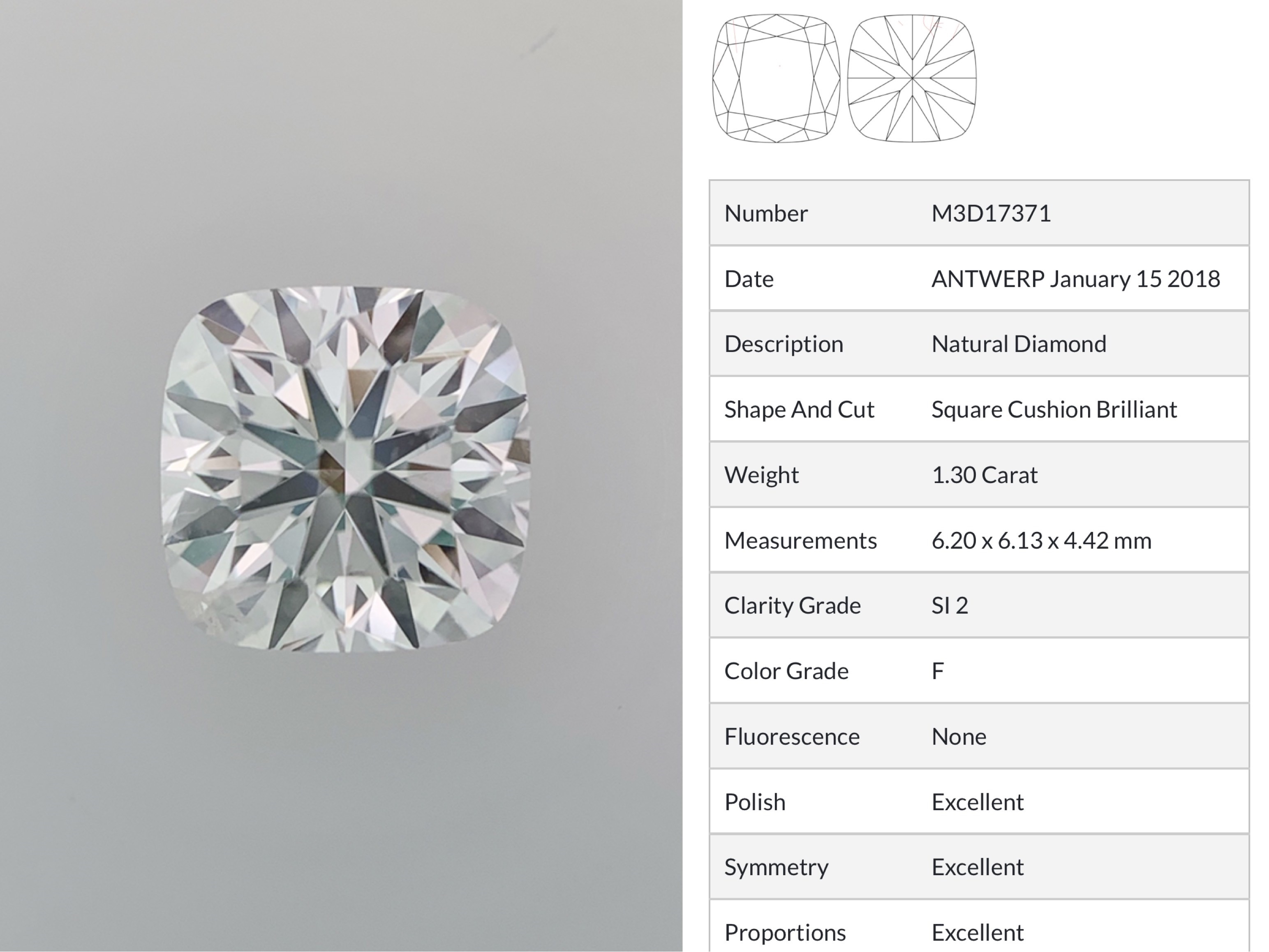 IGI鑽石 1.30 F SI2 EX EX NON (Square Cushion Brilliant)