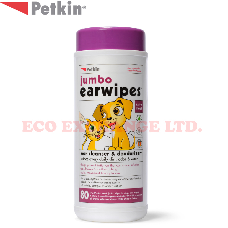 Petkin - 天然蘆薈潔耳紙 - 珍寶裝 (80片) (適用於狗、貓、幼犬、幼貓)