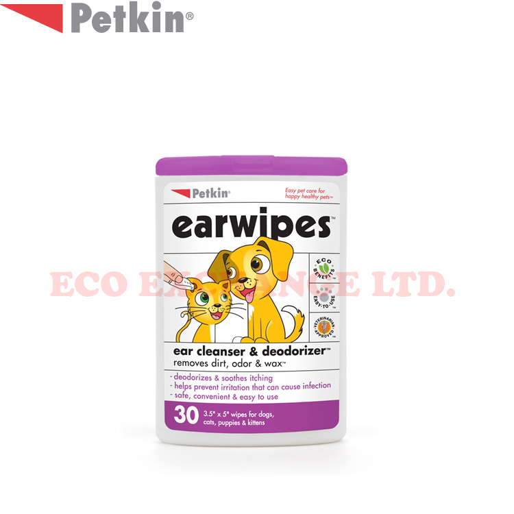 Petkin - 天然蘆薈潔耳紙 - 輕便裝 (30片) (適用於狗、貓、幼犬、幼貓)