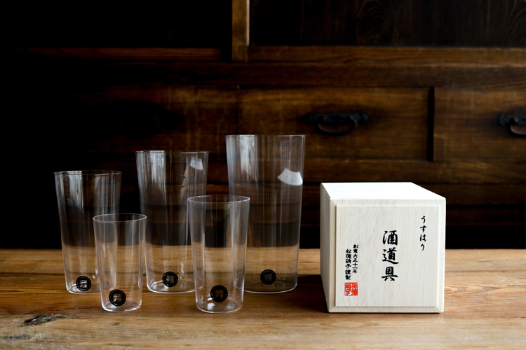 松德-薄張 酒道具 直筒杯五入(含木盒) 松德硝子玻璃杯