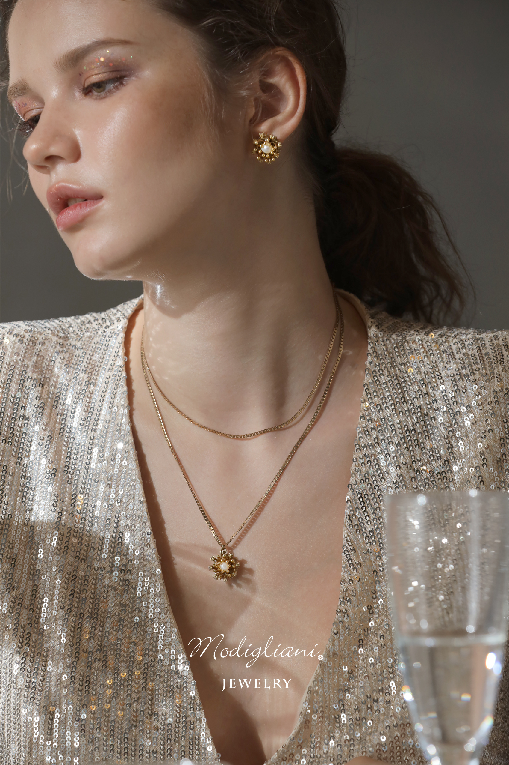 黃銅飾品,黃銅,鋯石,天然珍珠,華麗,花苞,項鍊,雙層項鍊