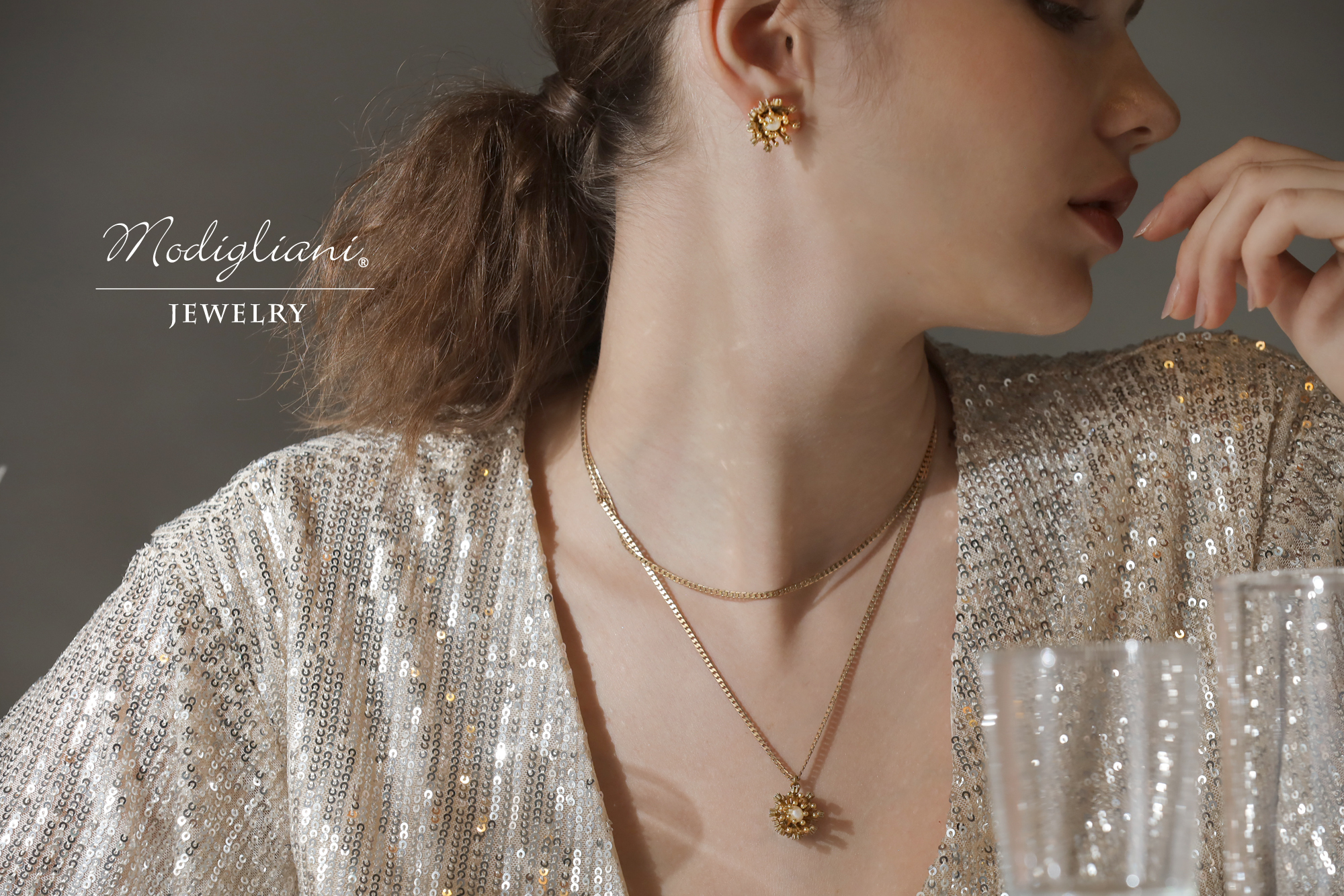 黃銅飾品,黃銅,鋯石,天然珍珠,華麗,花苞,項鍊,雙層項鍊