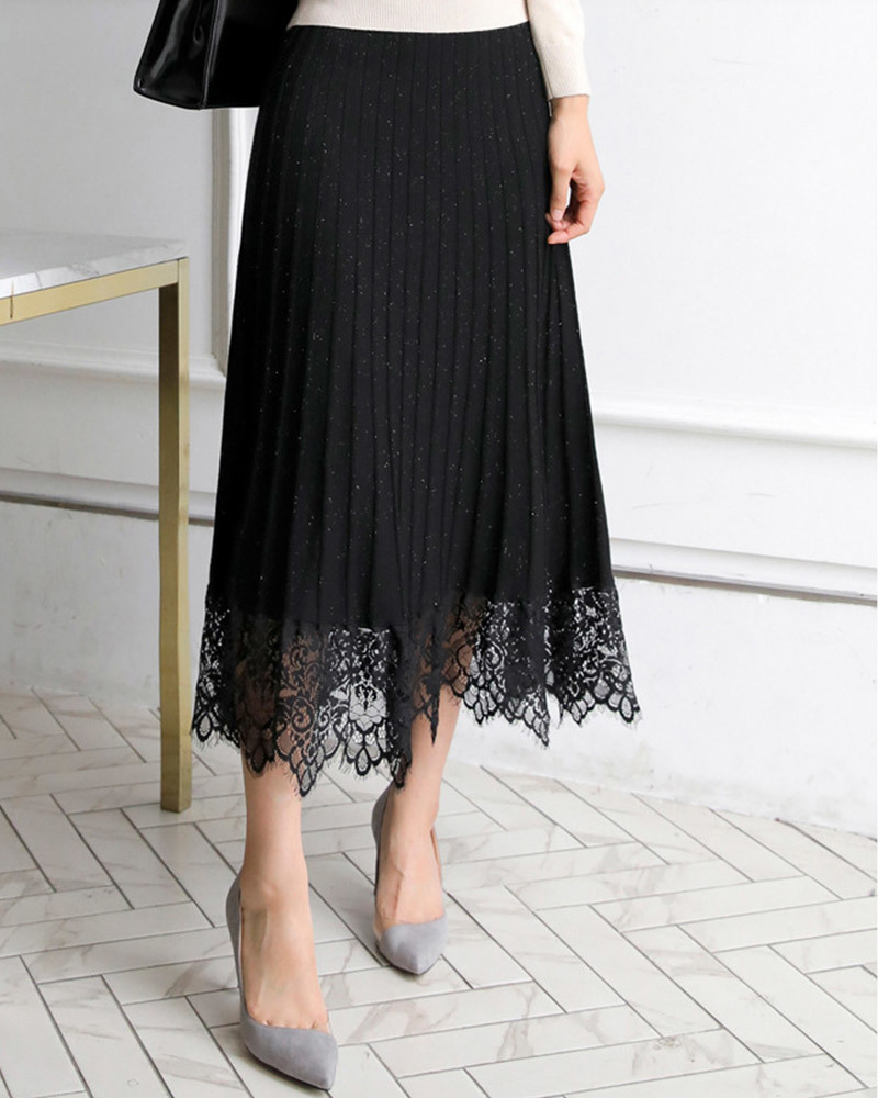 黑L【零碼出清不退換】蕾絲襬金絲百褶針織裙