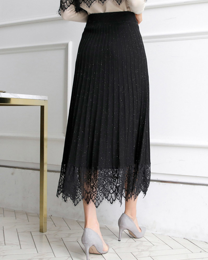 黑L【零碼出清不退換】蕾絲襬金絲百褶針織裙