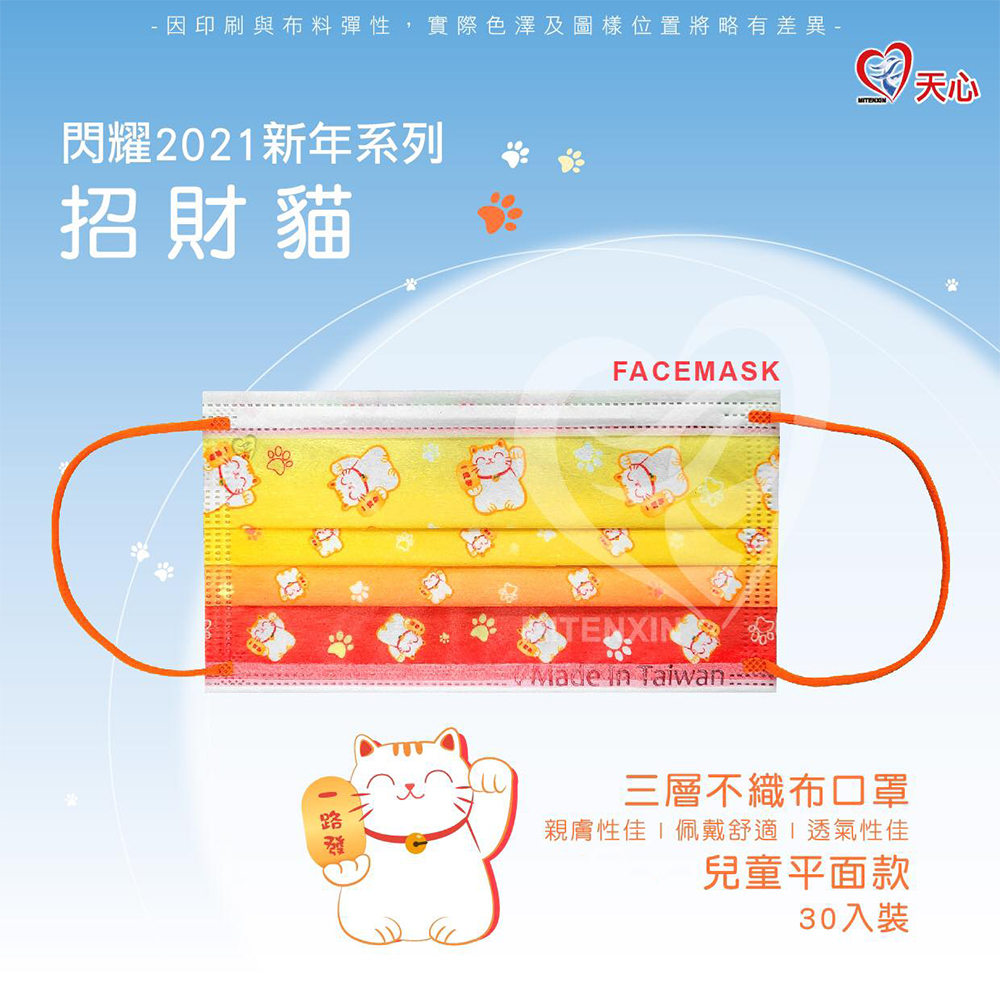 Tenxin 台灣天心 新春印花三層不織布口罩 (兒童平面款)
