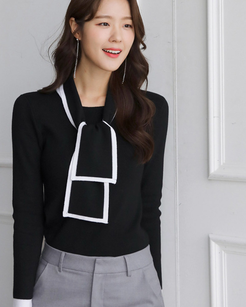 黑S/黑M【零碼出清不退換】雙色領結滾邊針織上衣