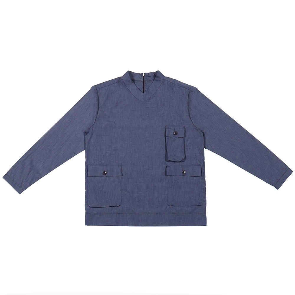 V型立領口袋上衣 - 藍灰