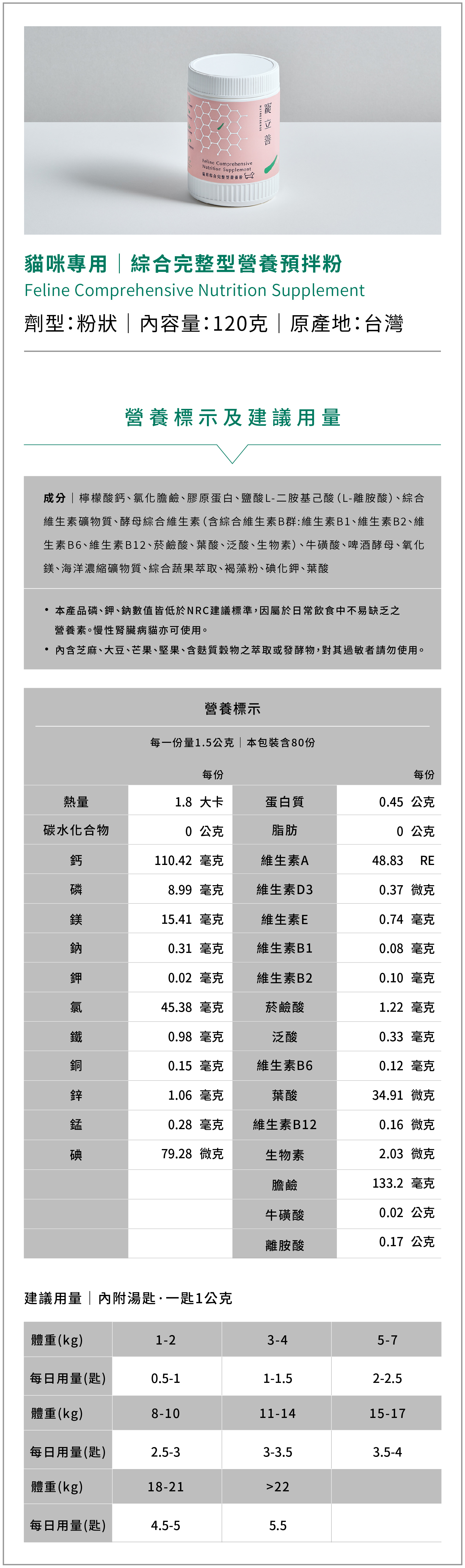 貓營養品貓用綜合營養預拌粉120G 成分表