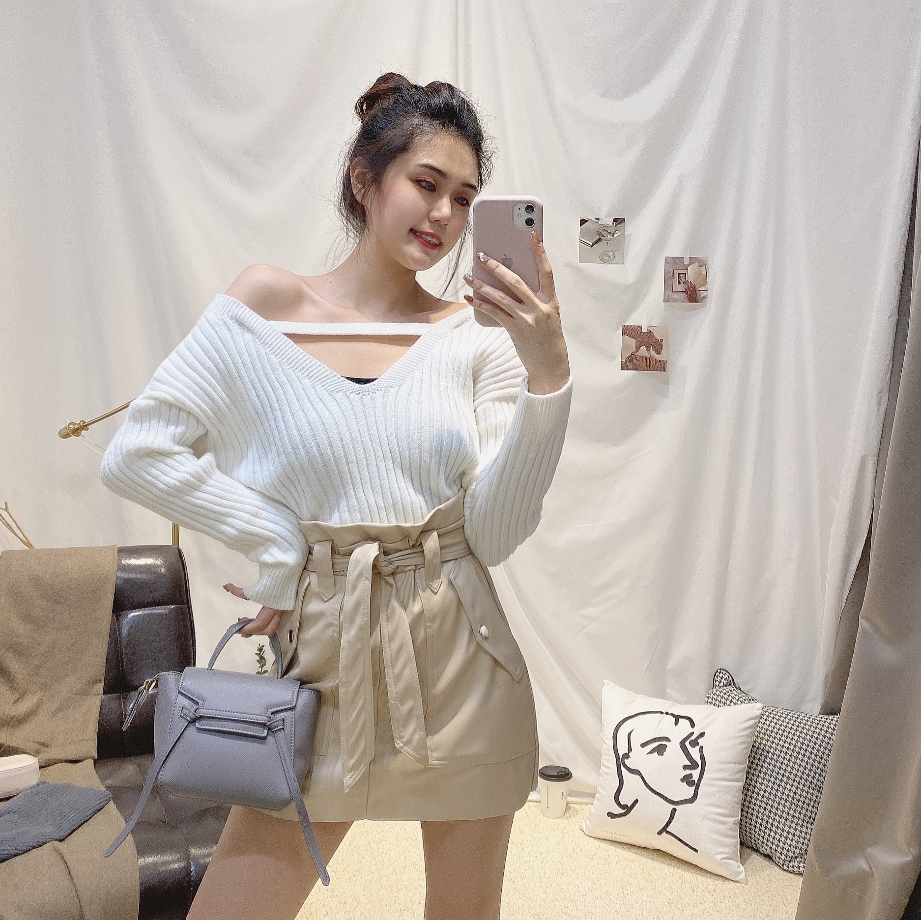 後美背V領針織毛衣/三色