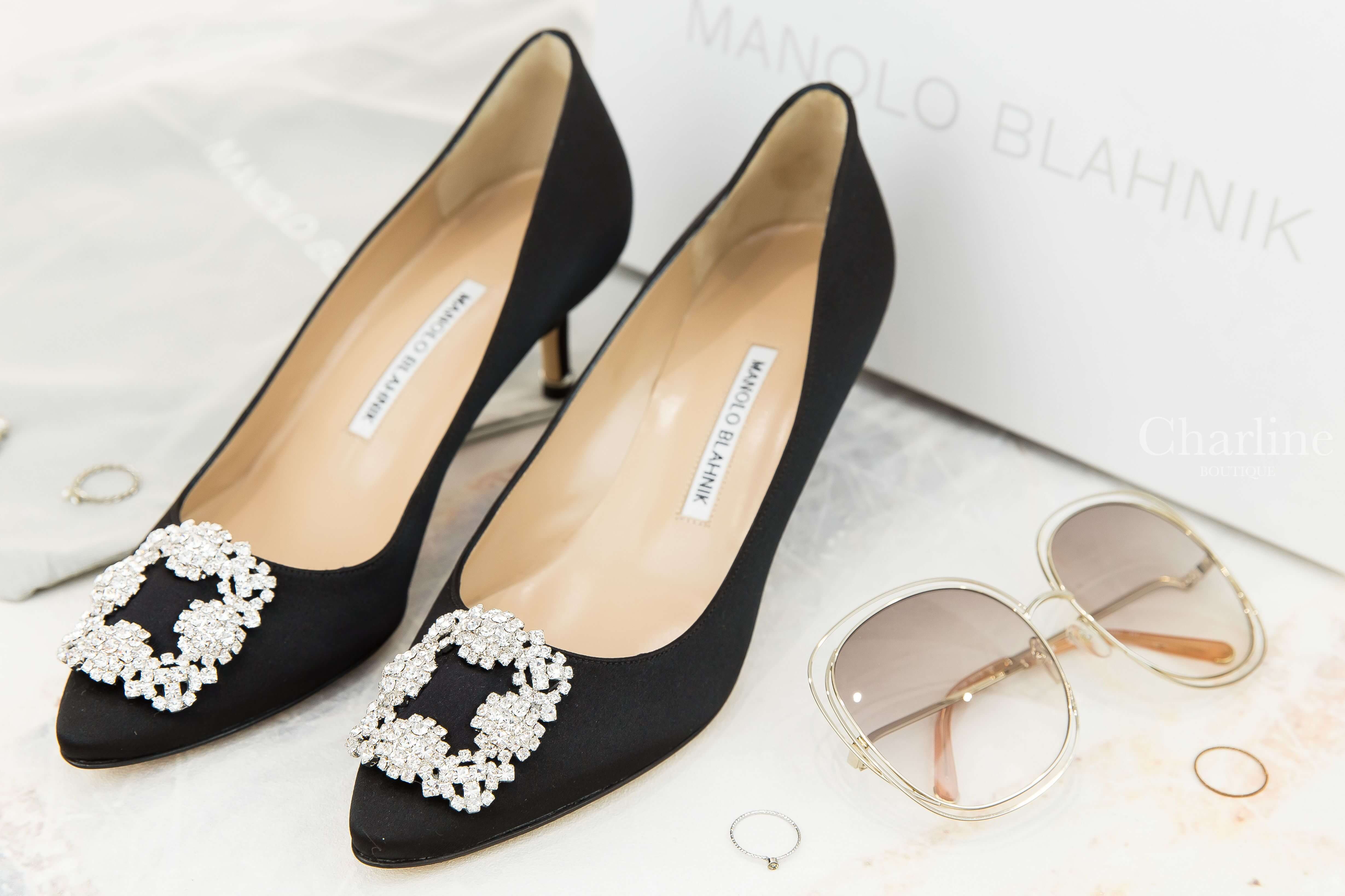 Manolo Blahnik Hangisi 黑色絲綢銀色鑲鑽方釦5cm細跟高跟鞋-Charline Boutique 精品代購