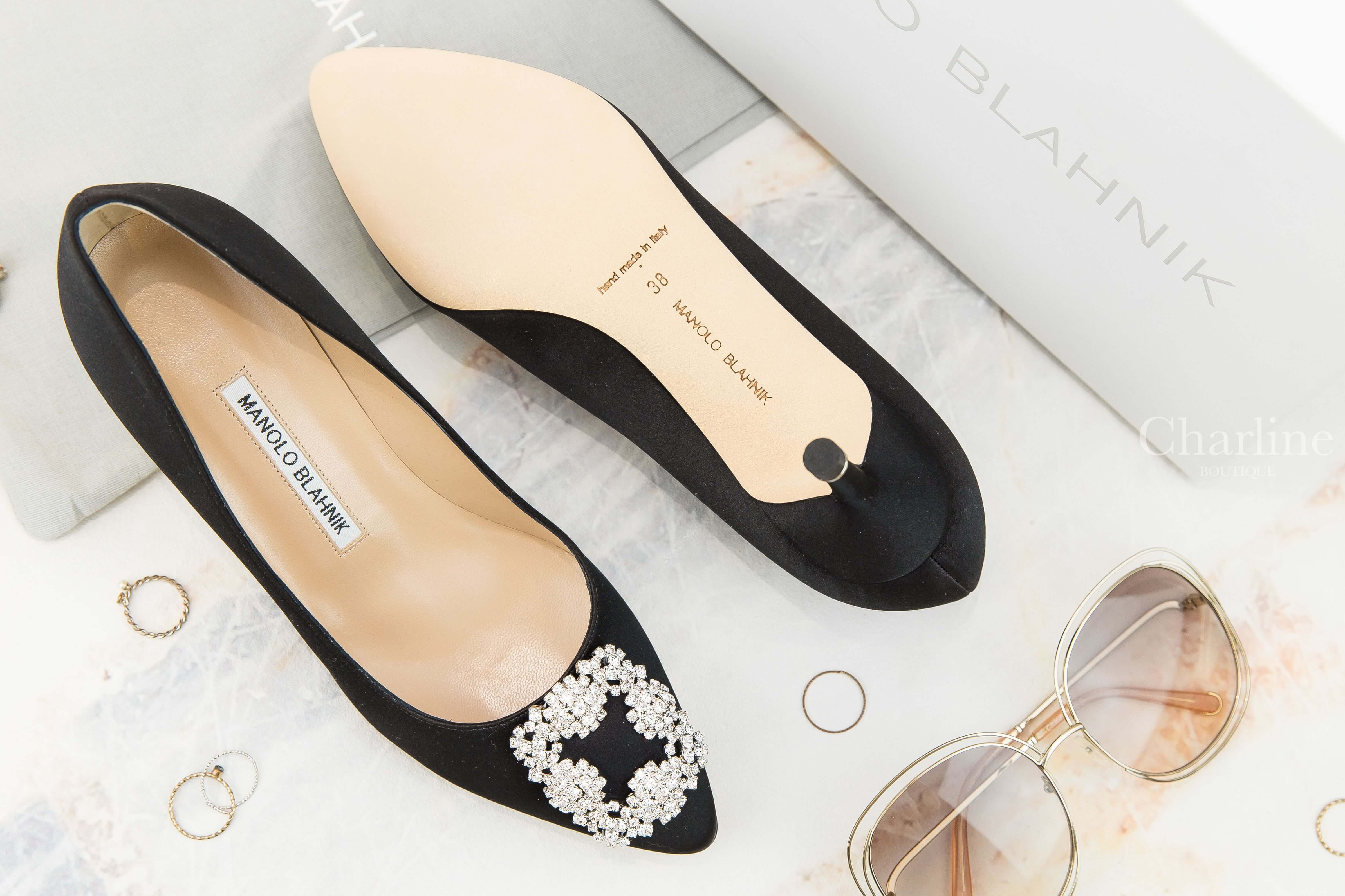 Manolo Blahnik Hangisi 黑色絲綢銀色鑲鑽方釦5cm細跟高跟鞋-Charline Boutique 精品代購