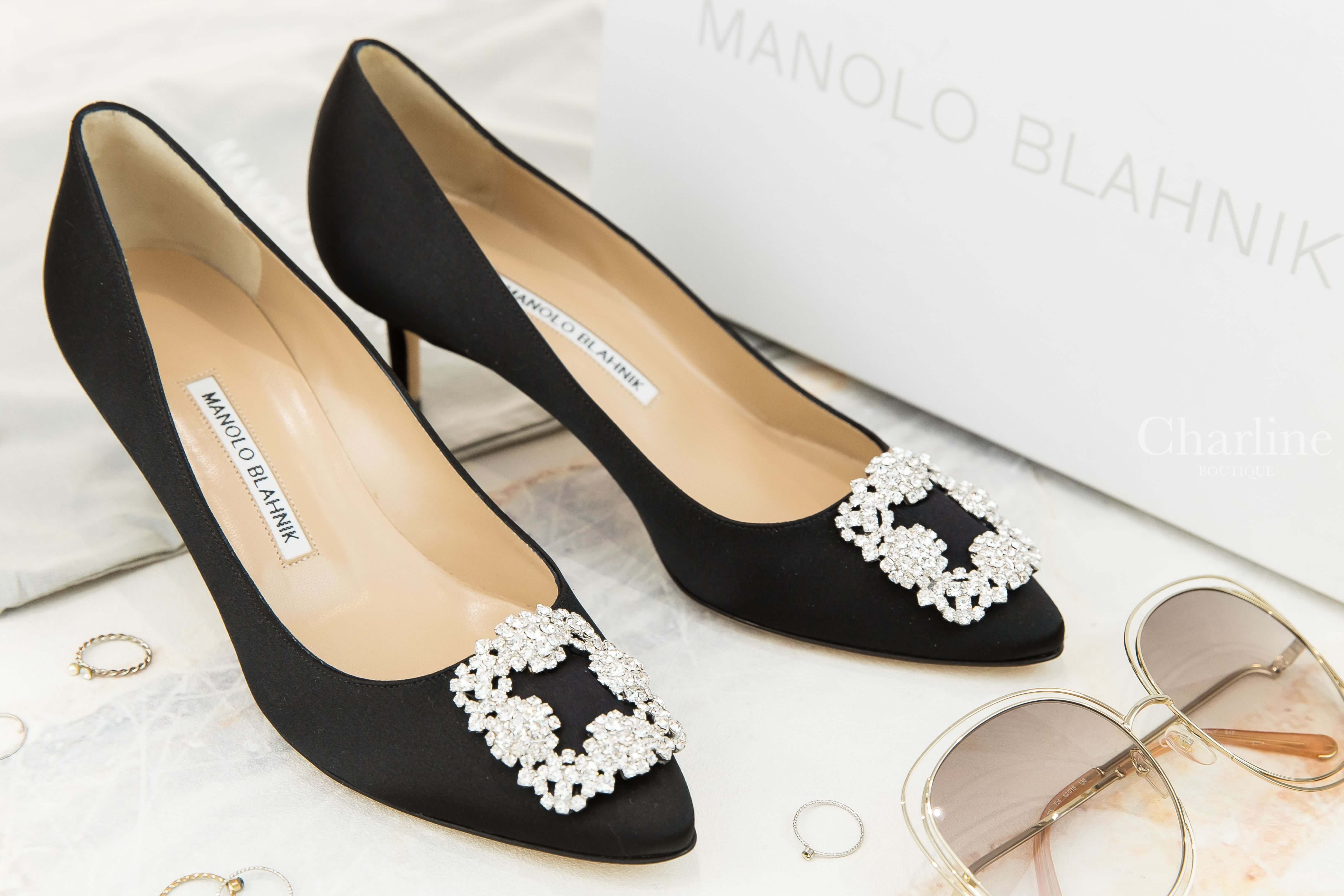 Manolo Blahnik Hangisi 黑色絲綢銀色鑲鑽方釦5cm細跟高跟鞋-Charline Boutique 精品代購
