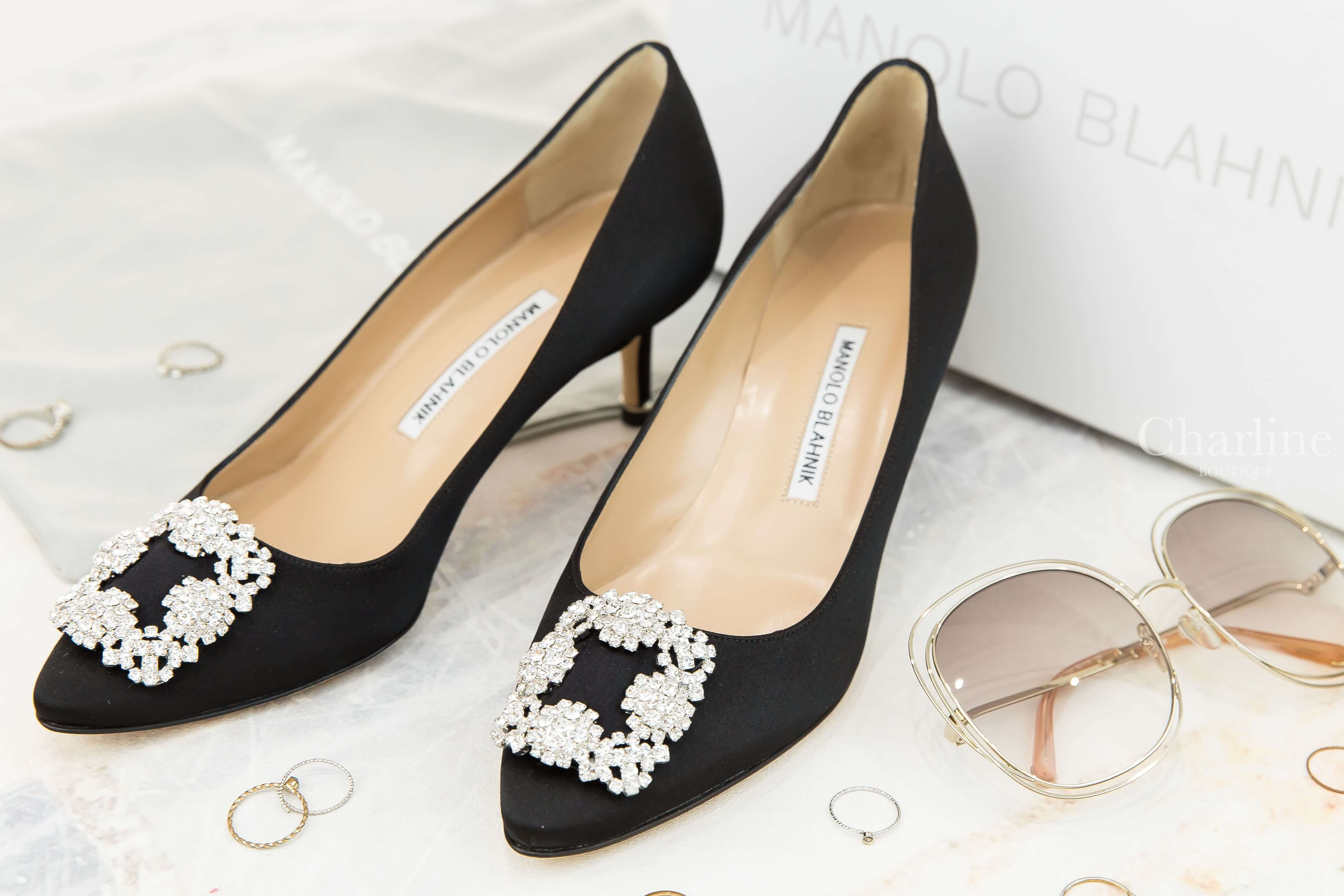 Manolo Blahnik Hangisi 黑色絲綢銀色鑲鑽方釦5cm細跟高跟鞋-Charline Boutique 精品代購