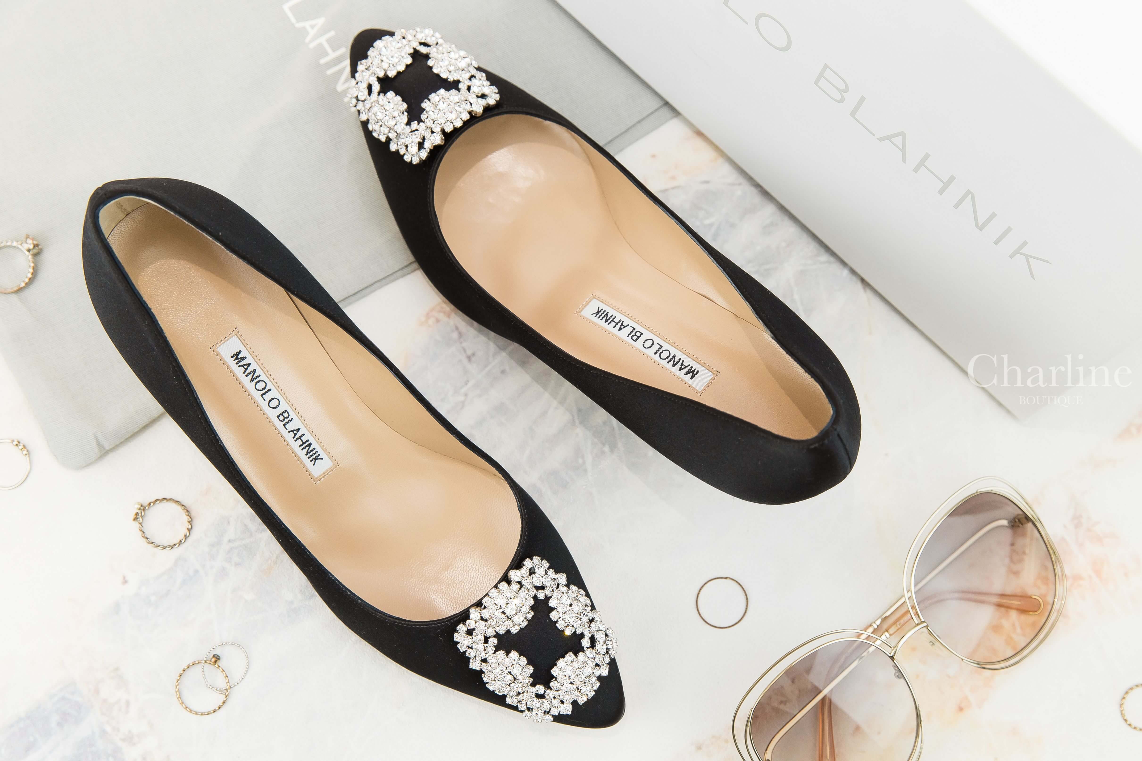 Manolo Blahnik Hangisi 黑色絲綢銀色鑲鑽方釦5cm細跟高跟鞋-Charline Boutique 精品代購