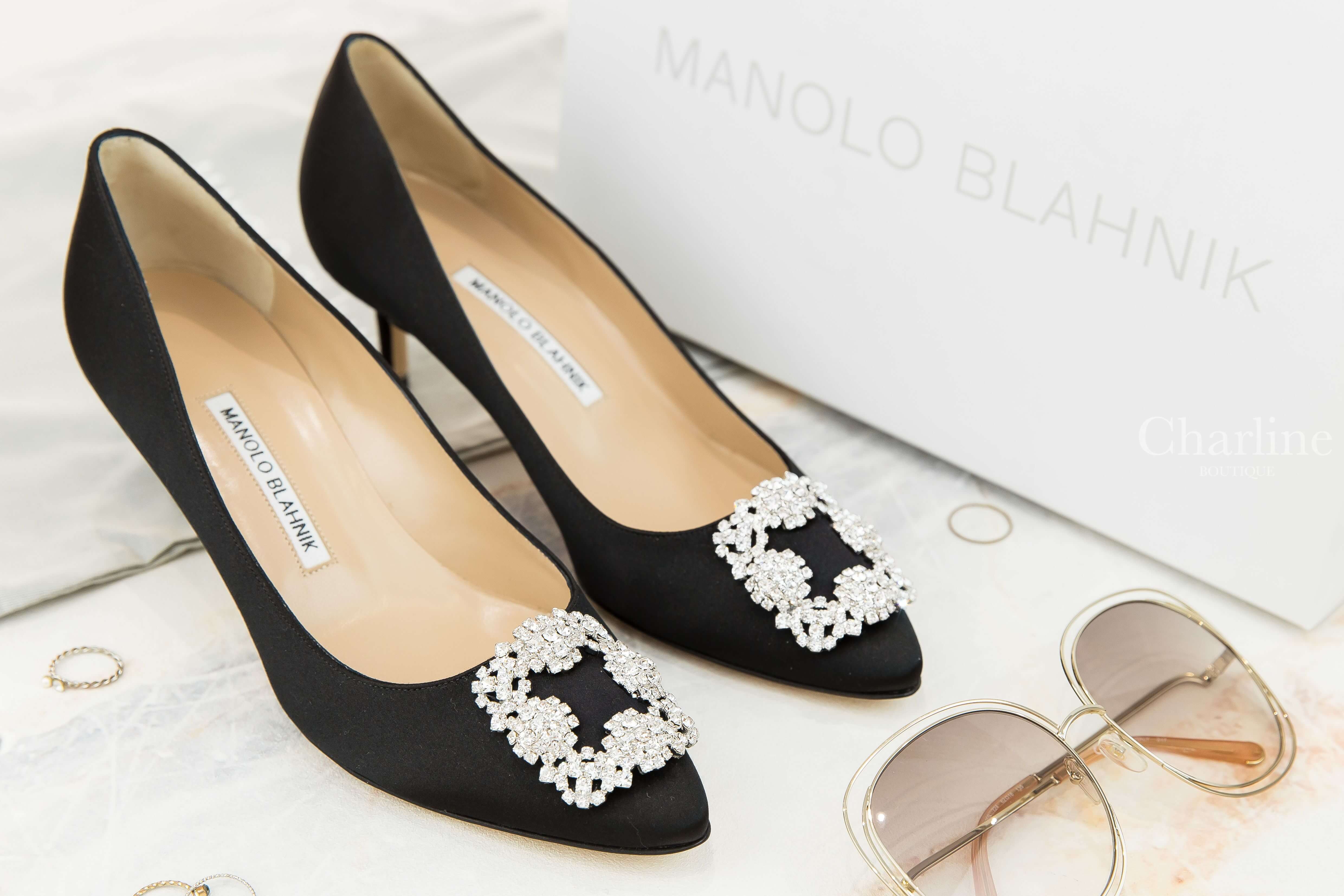 Manolo Blahnik Hangisi 黑色絲綢銀色鑲鑽方釦5cm細跟高跟鞋-Charline Boutique 精品代購