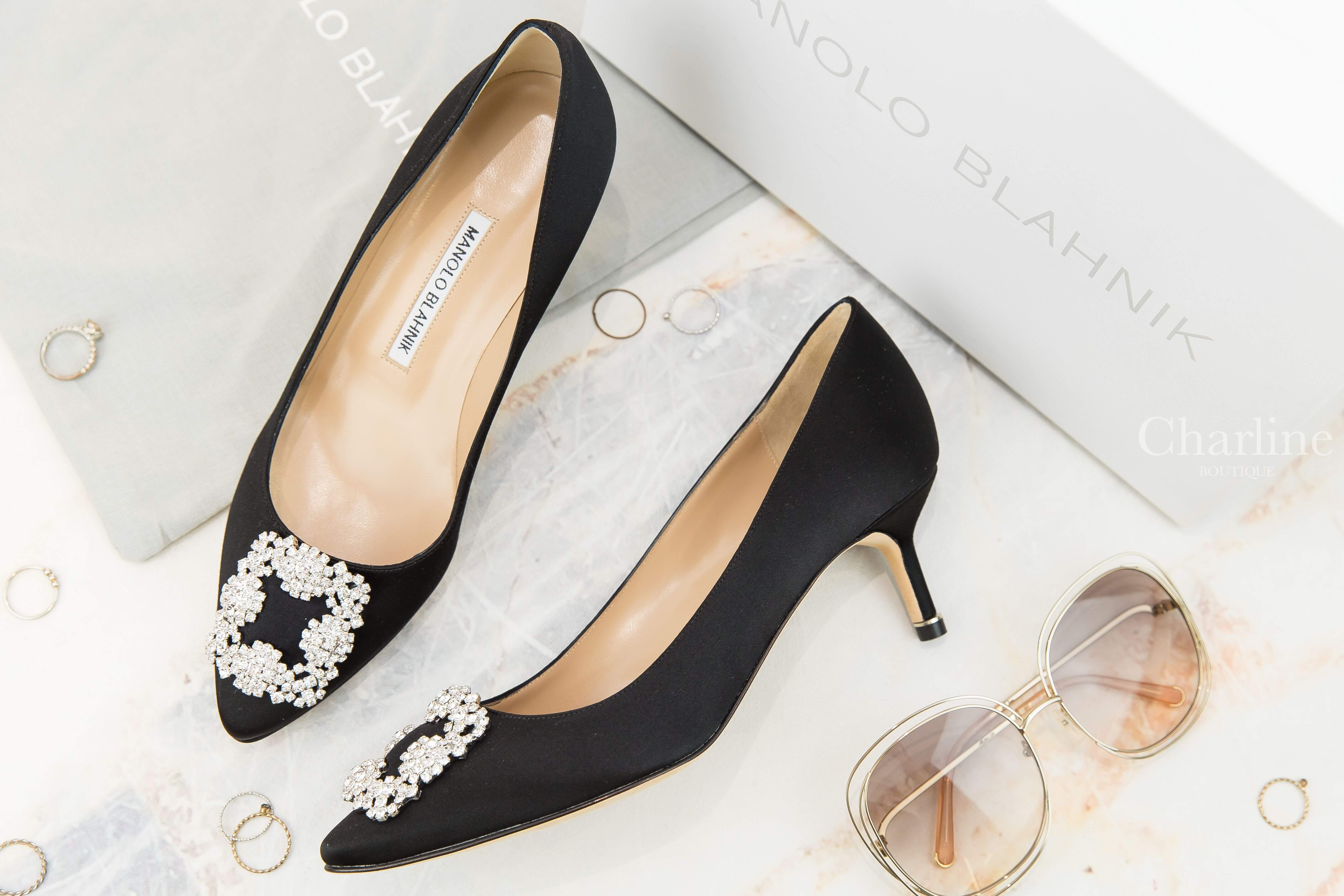 Manolo Blahnik Hangisi 黑色絲綢銀色鑲鑽方釦5cm細跟高跟鞋-Charline Boutique 精品代購