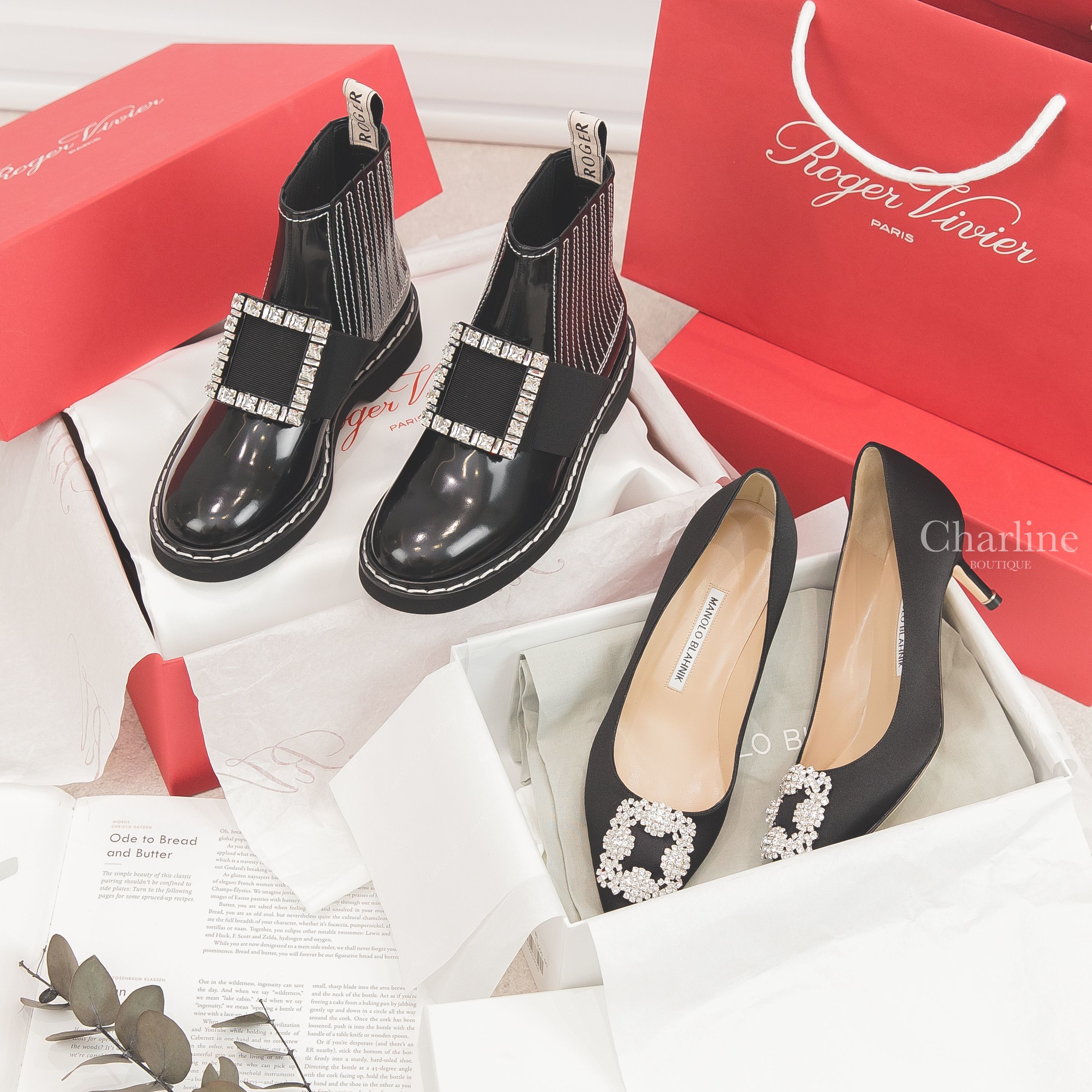 Manolo Blahnik Hangisi 黑色絲綢銀色鑲鑽方釦5cm細跟高跟鞋,Roger Vivier 黑色白線漆皮百褶銀色水晶方釦短靴-Charline Boutique 精品代購
